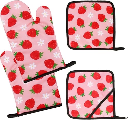 Juego de 4 manoplas de horno de fresas PSC, decoración de accesorios de cocina de fresa, resistentes al calor para cocinar, hornear, asar a la