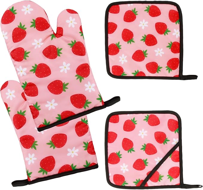 4 PSC Strawberry Pink Oven Mitts Pot Holders Set