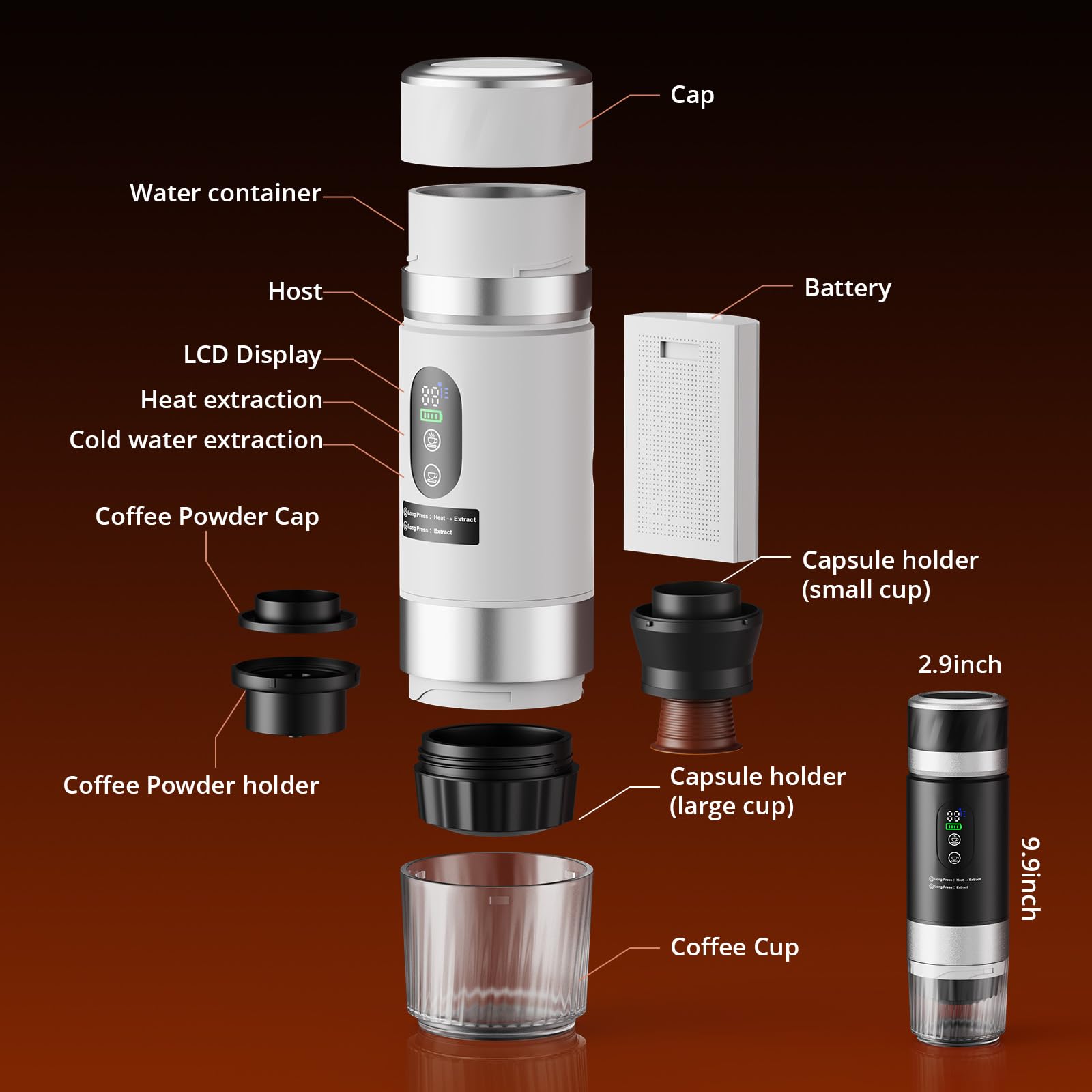 Cafetera Espresso Eléctrica Portátil 3 en 1,Cafetera de Viaje para Camping con batería de 2 × 7.500 ma,20 Bar,USB-C,Cafetera Pequeña 3 en 1 con Café Molido y Cápsulas (NS & DG) para RV,Viaje