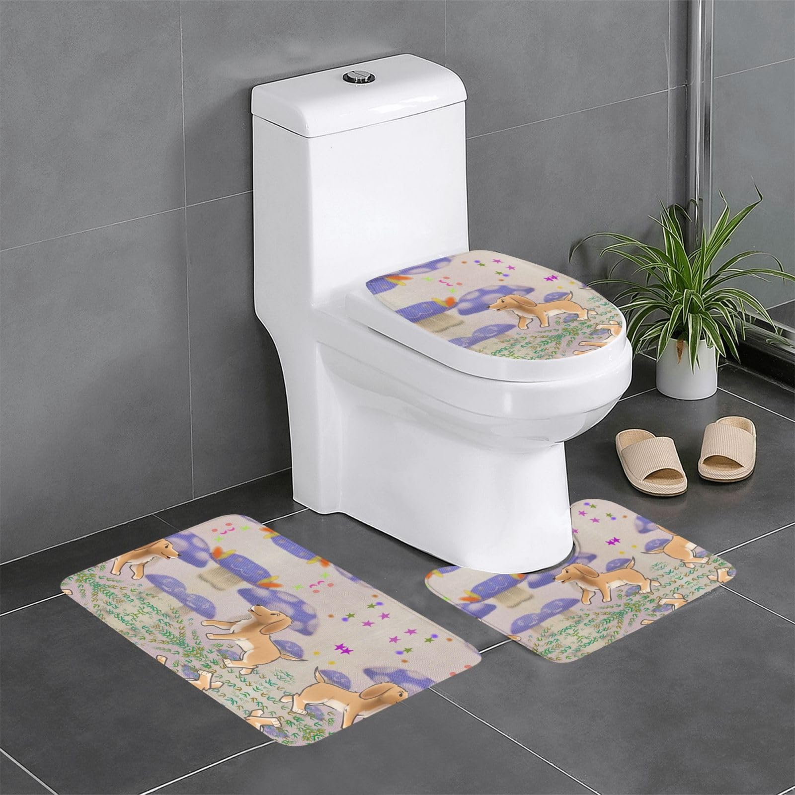 Tapis de salle de bain antidérapants 3 pièces tapis WC forme U et O motif champignon