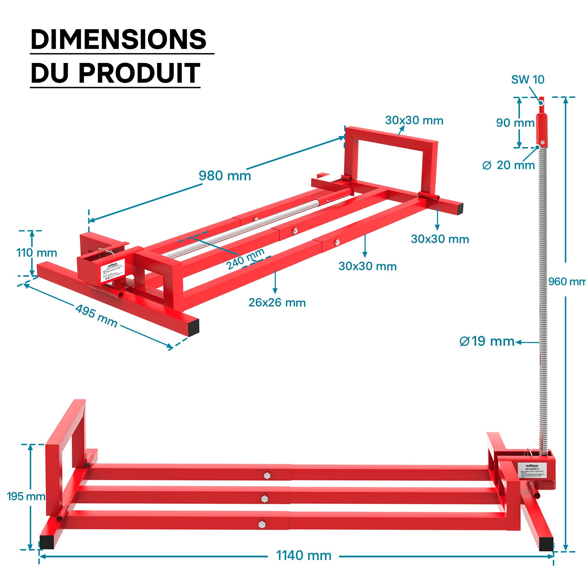 Wiltec Kit Cric lève Tracteur Tondeuse avec Adaptateur pour Visseuse sans Fil – 400 kg Max. – Acier – Mowerlifter Outillage de Mecanicien Treuil Palan Nettoyage Facile