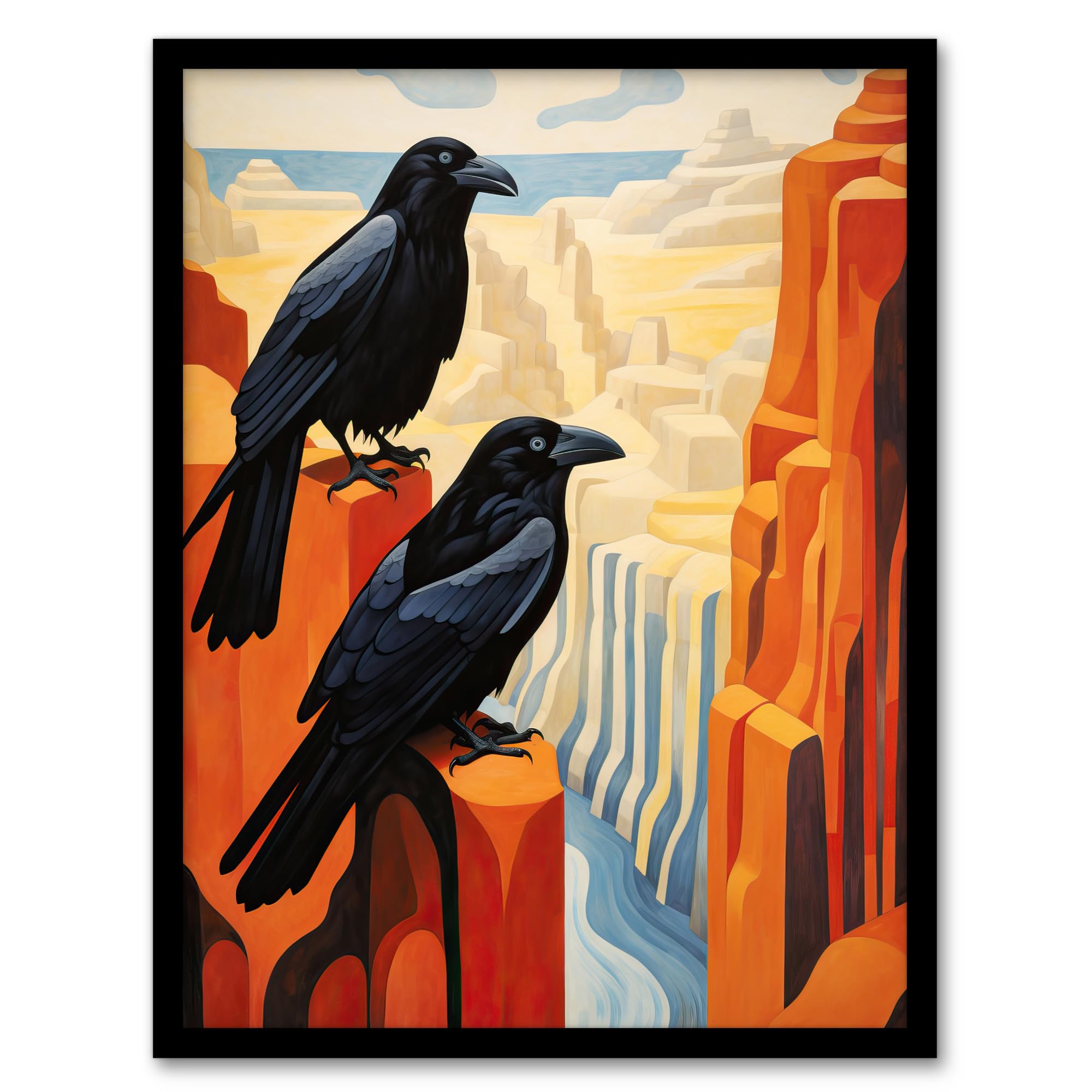 Artery8 Grand Canyon Crows Birds Abstract Minimalist Landscape Artwork Painting Artwork Framed Wall Art Print 18X24 Inch