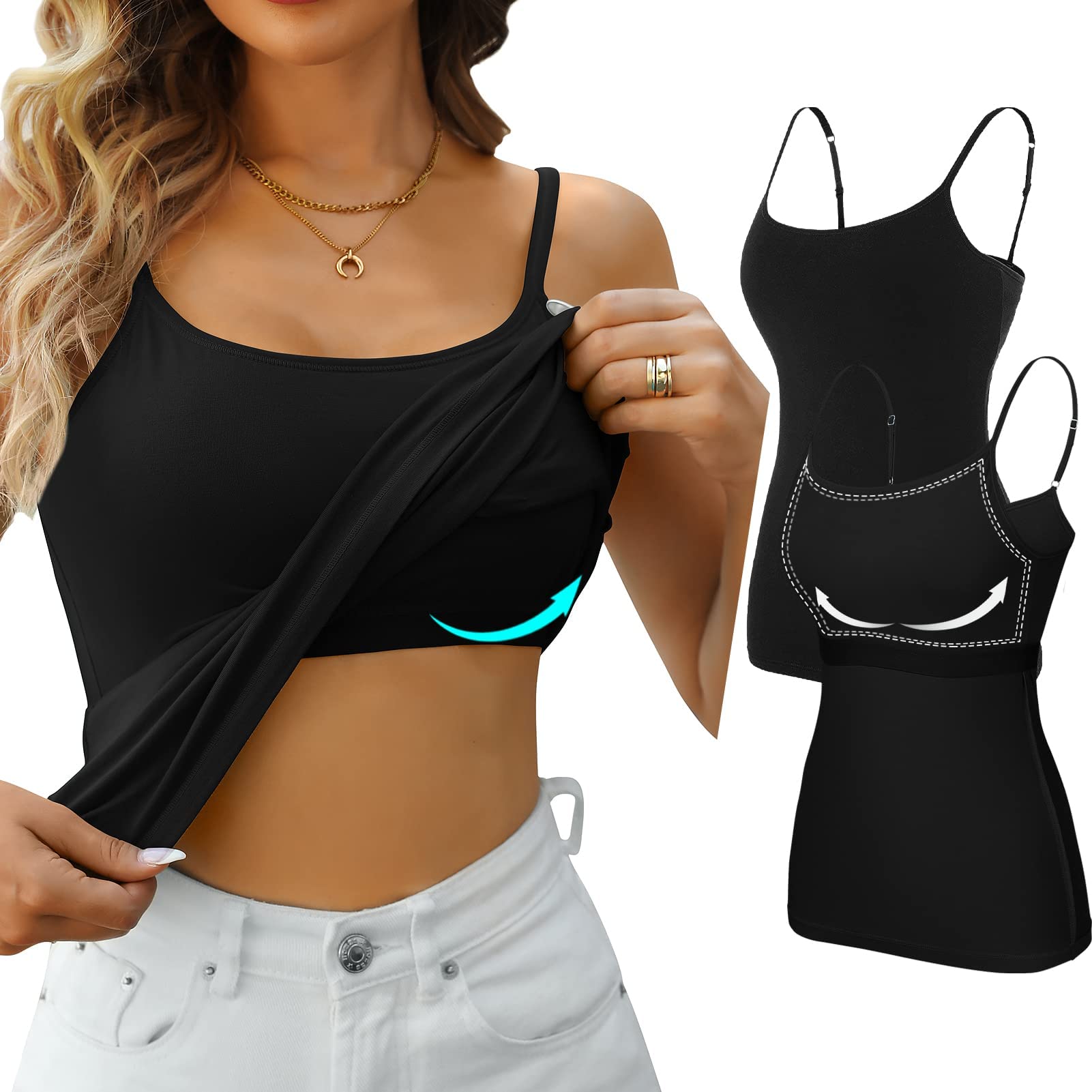 Charmleaks Women's Black Pack Of 2 Womans Cotton Camisole Vest Tops Strappy Gym Cami Top, M,
