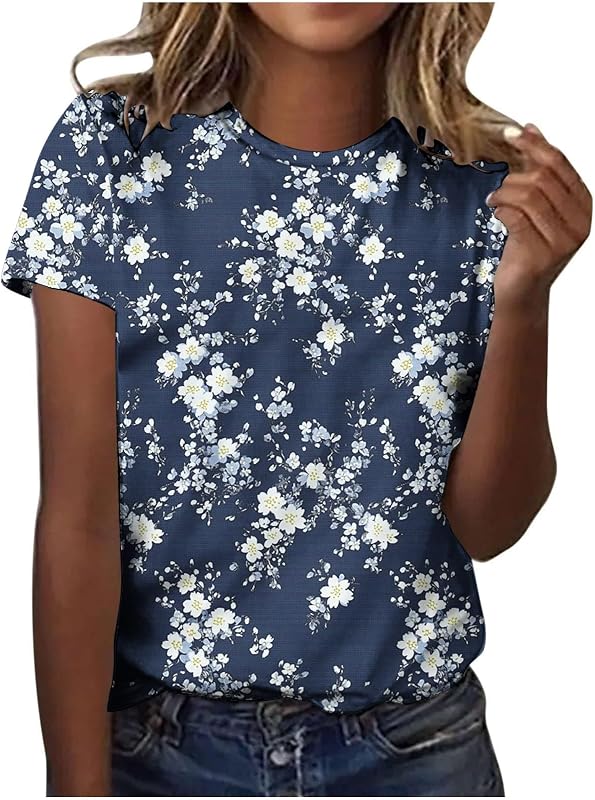 Womens Short Sleeve Summer Tops Trendy Floral Print Crewneck Blouses Lightweight Cotton Soft Loose Fit T Shirts