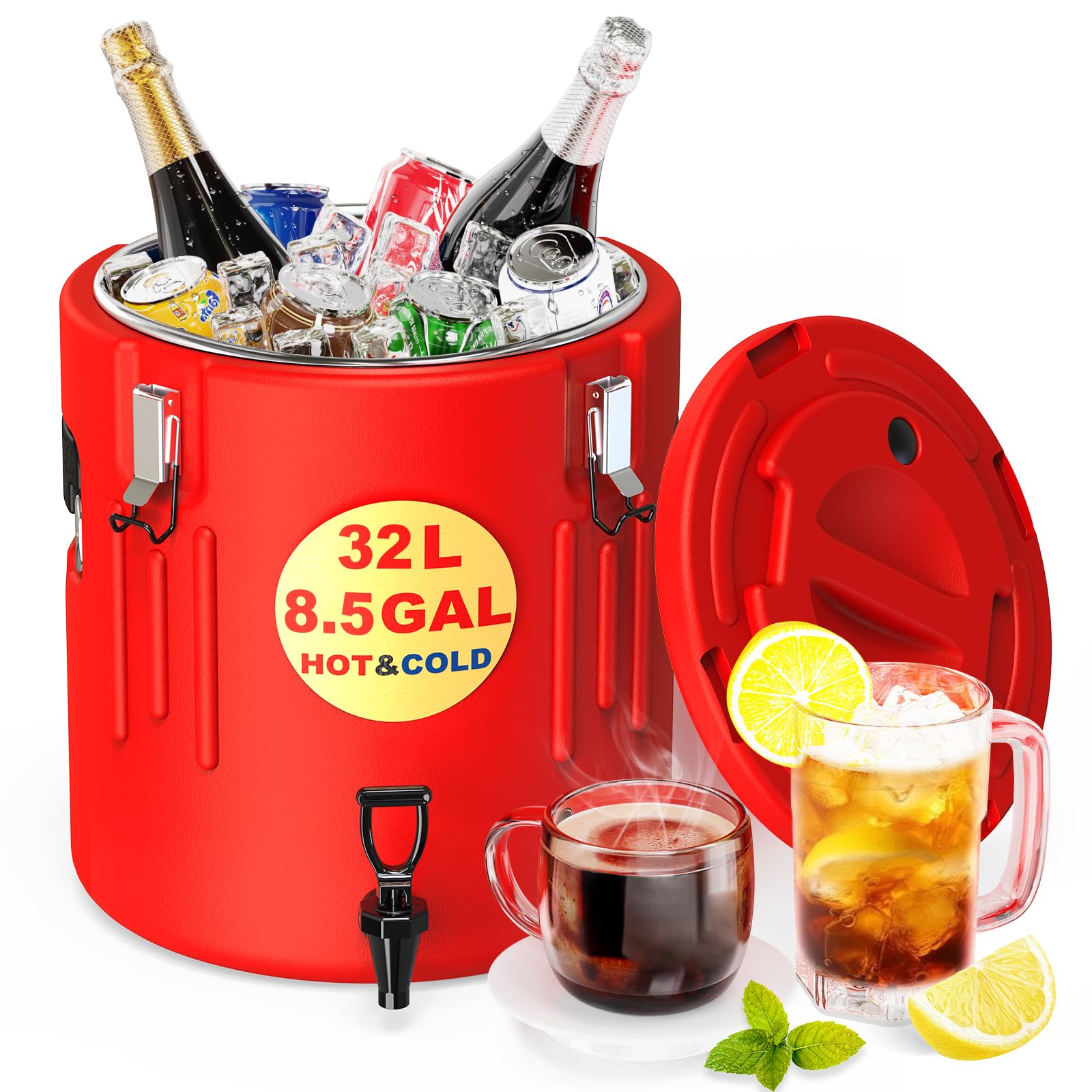 insulated beverage dispenser 8 gallon - ice and hot drink dispenser with 304 stainless steel interior and spout, portable hot water dispenser, outdoors cooler jug for camping party sports