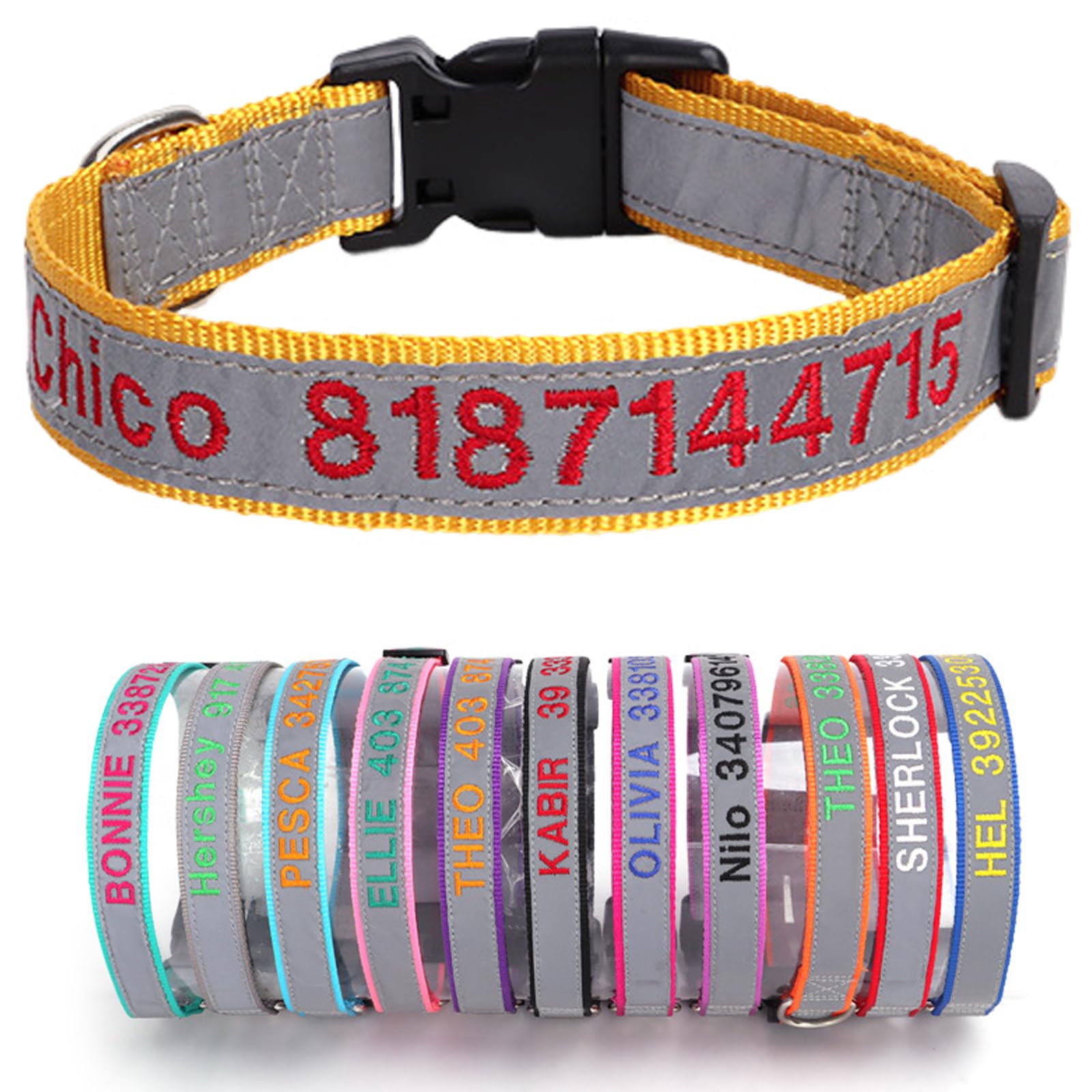 Reflective Personalized Dog Collar Custom Embroidered with Pet Name and Phone Number 4 Adjustable Sizes with Quick Release Buckle for Boy Girl Small Medium Large Dogs