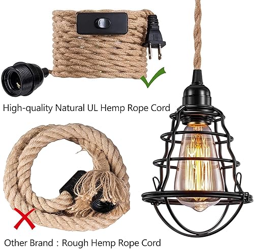 Miniatura 3 de Asnxcju Lámpara colgante industrial enchufable, luces colgantes vintage con cable de enchufe, lámpara colgante de jaula de metal con cuerda de 2P