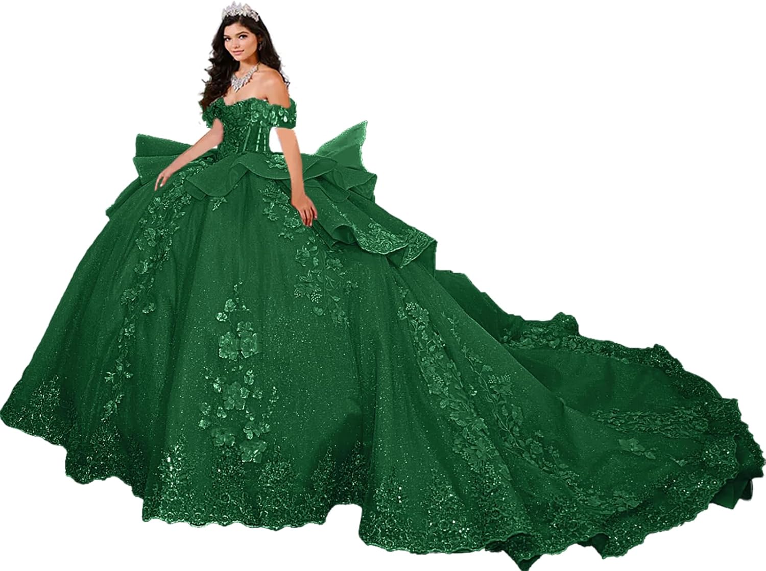 Puffy Appliques Quinceanera Dresses with 3D Flowers Glitter Sweet 15 16 Dresses Ball Gown with Bow HU008