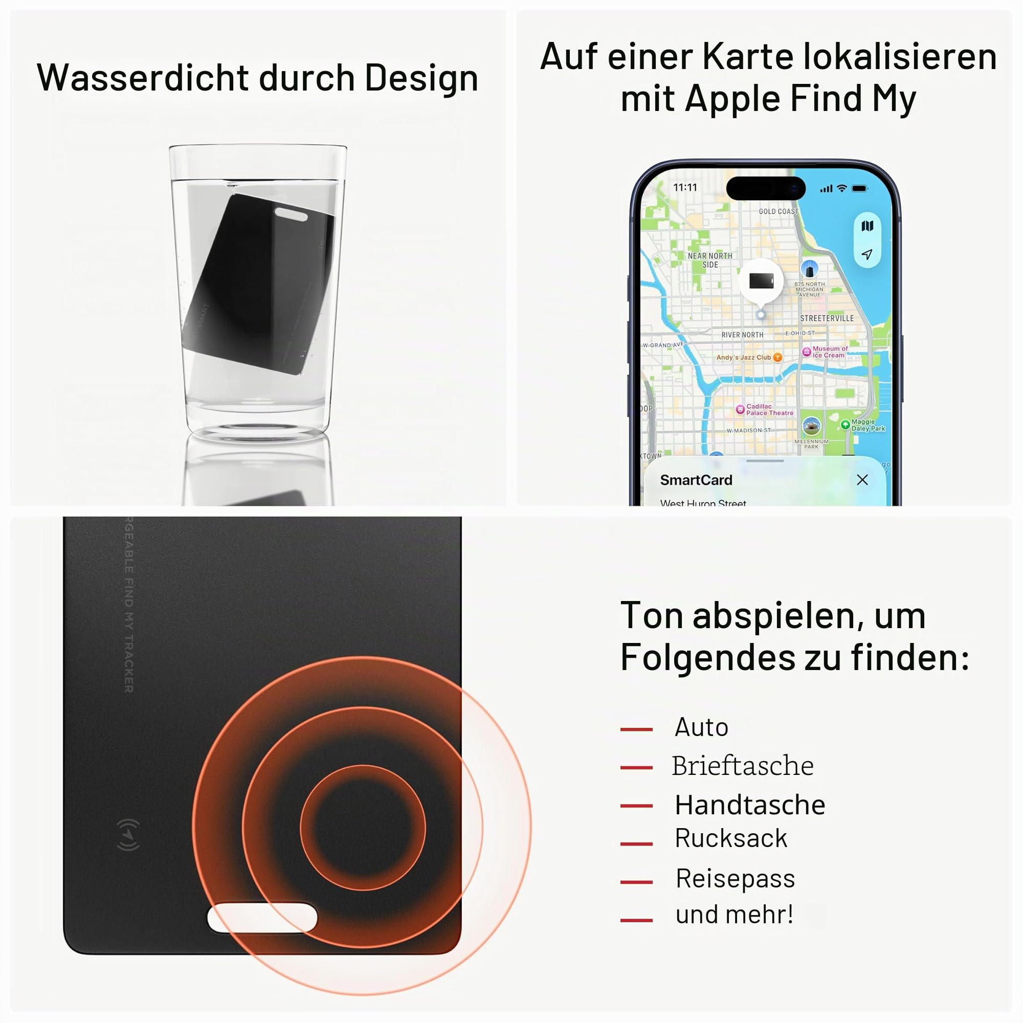 KeySmart SmartCard (Gen 2) MFi-zertifizierte Wallet-Tracker-Karte, kompatibel mit Apple Find My, wiederaufladbar, ultradünn, Bluetooth-Tracking, mit Schlüsselring-Loch, 1er-Pack