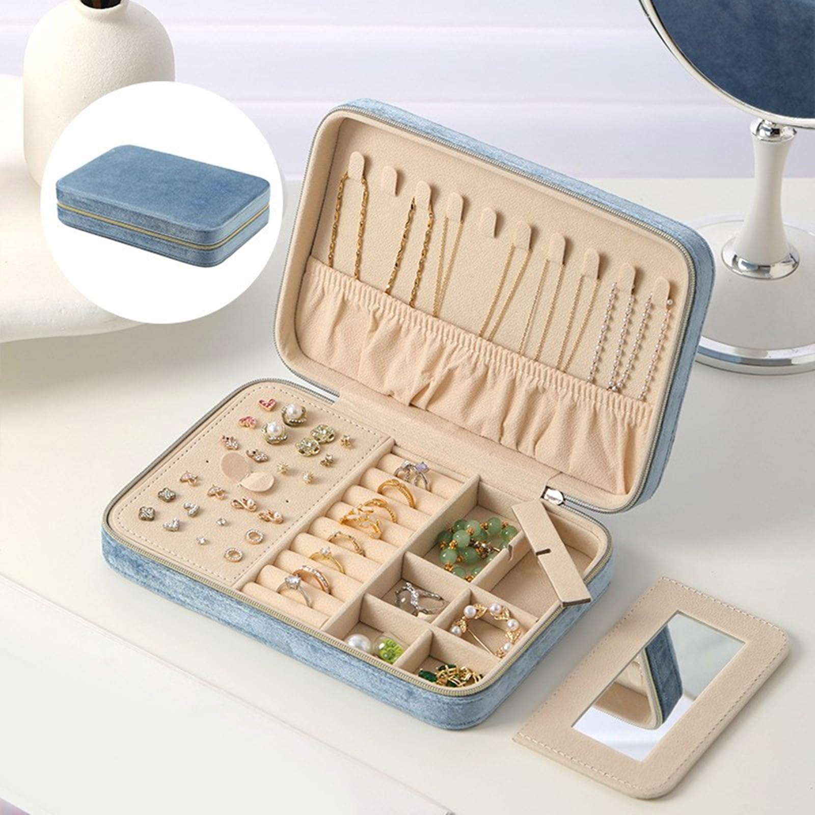 Joyero versátil con separadores protectores, estuche compacto para organizar y proteger varios artículos