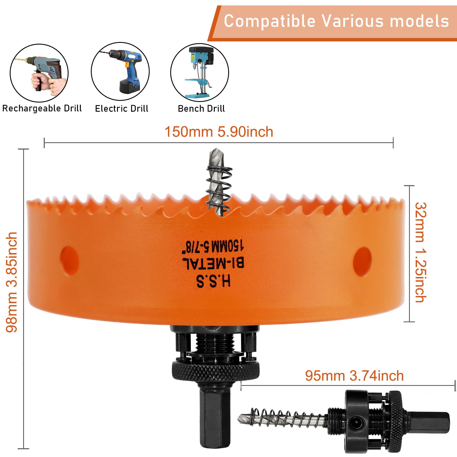 150mm Hole Saw, 5-7/8'' HSS Bi-Metal Hole Cutter with Arbor, Cutting Depth 32 mm, Hole Saw Drill Bit for Cutting Wood Plywood - Image 2