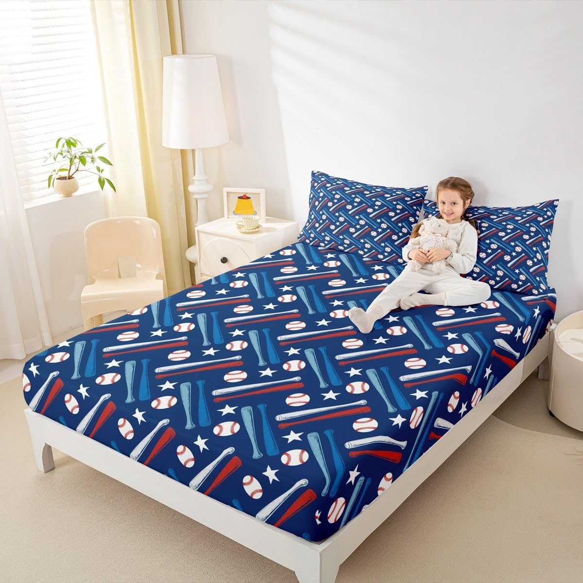 Feelyou Baseball Bed Sheets Set Full Size Ball Sports Theme Deep Pocket Fitted Sheet Baseball Games Lover Bedding Sets Blue Soft Bedding with 2 Pillow Cases, NO TOP Sheet