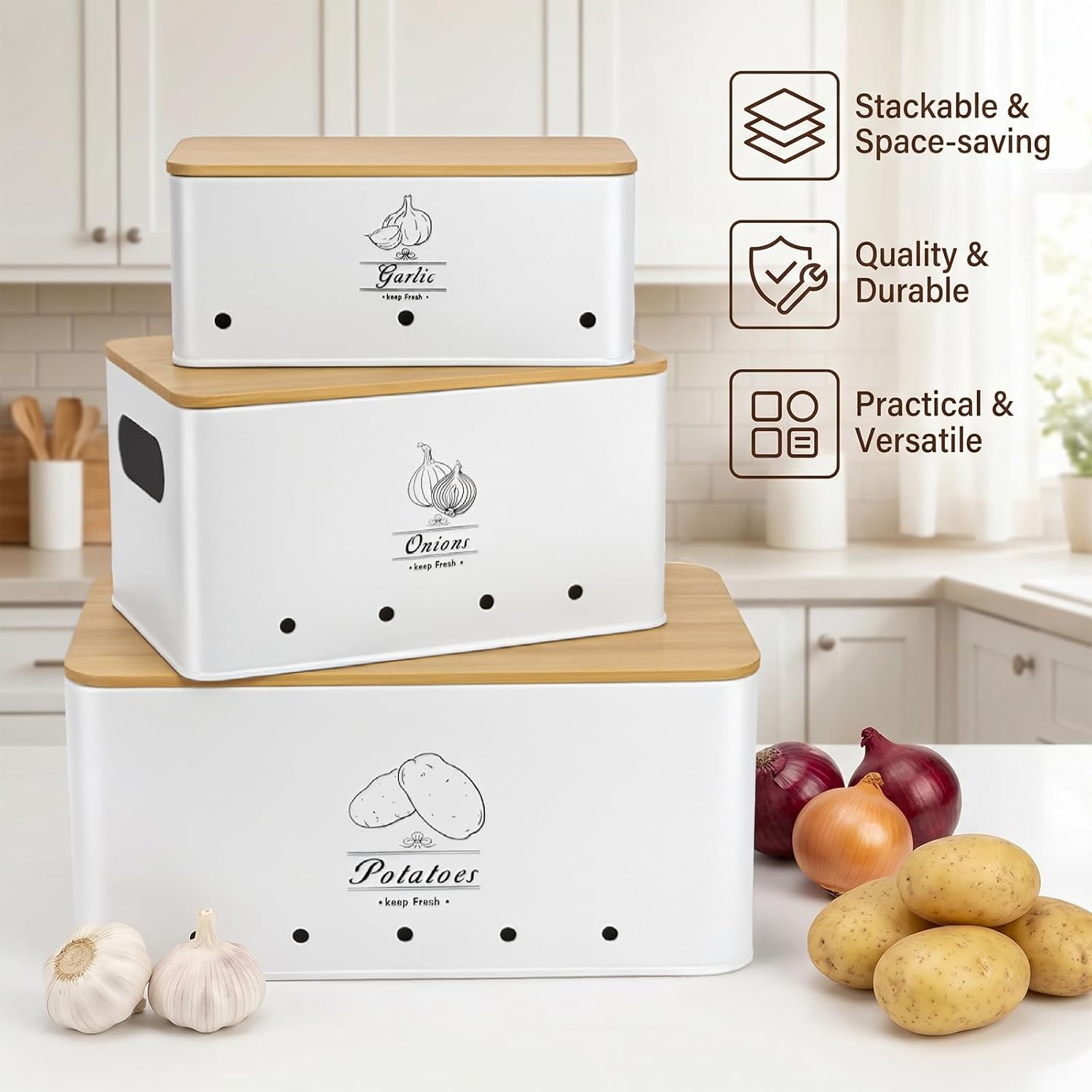 Kitchen Vegetable Storage Tins Set of 3, Potato Storage Bins