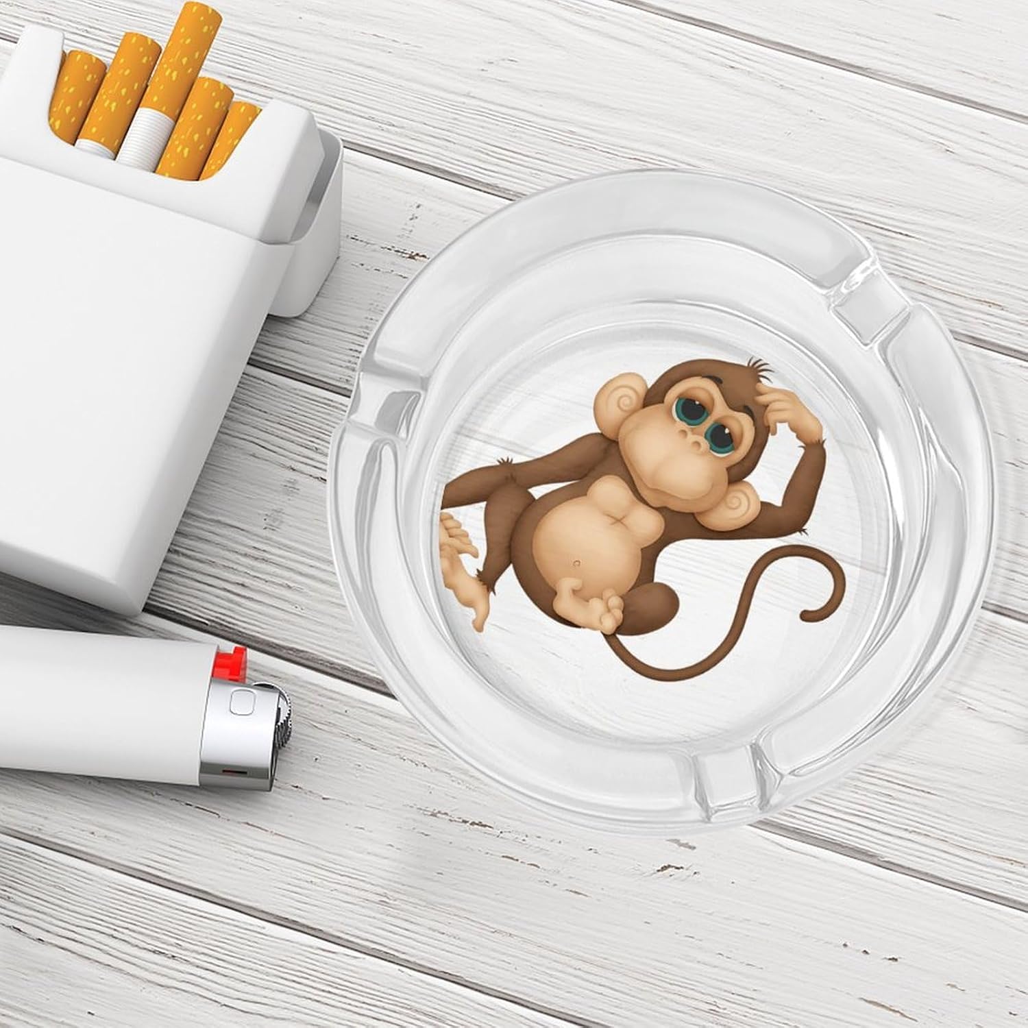 Cute Monkey Glass Ashtrays for Cigarettes Decorative Modern Ashtray Classic Round Home Ashtrays Small Indoor Ash Tray Heavy Glass Ash Tray for Office Balcony