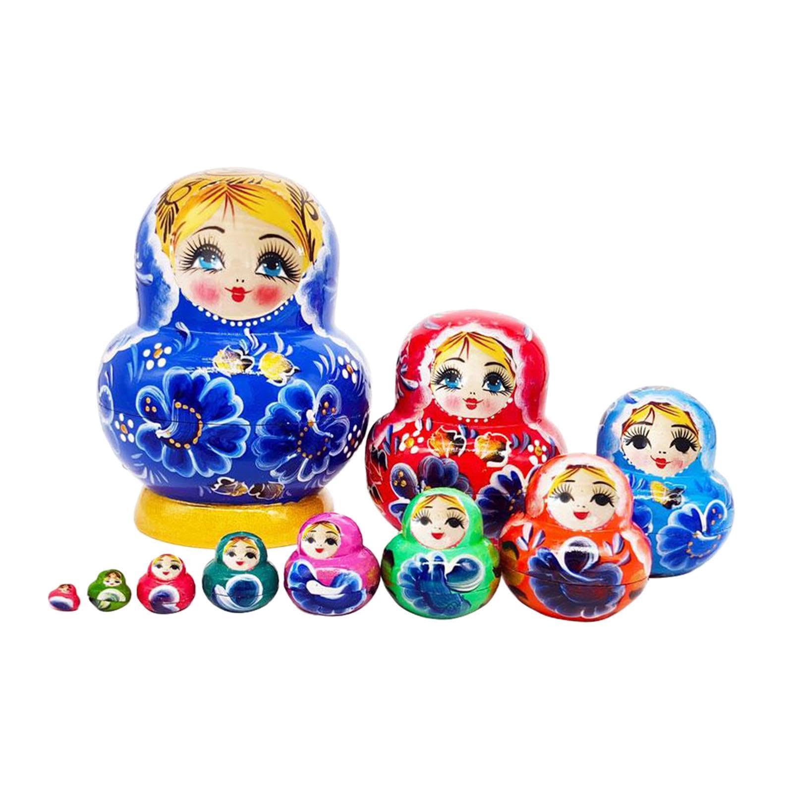 10 Piezas Matrioska Juguete de Madera Apilable Hecho a Mano Pintada a Mano Tradicional Regalo Adecuado para Decoración del Hogar, Azul
