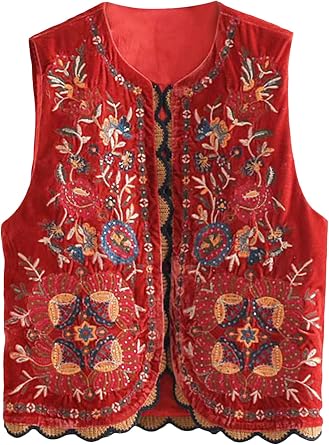 Women Vintage Floral Embroidery Gilet Top Sleeveless V Neck Tank Vest Retro Cropped Open Front Outwear Cardigan
