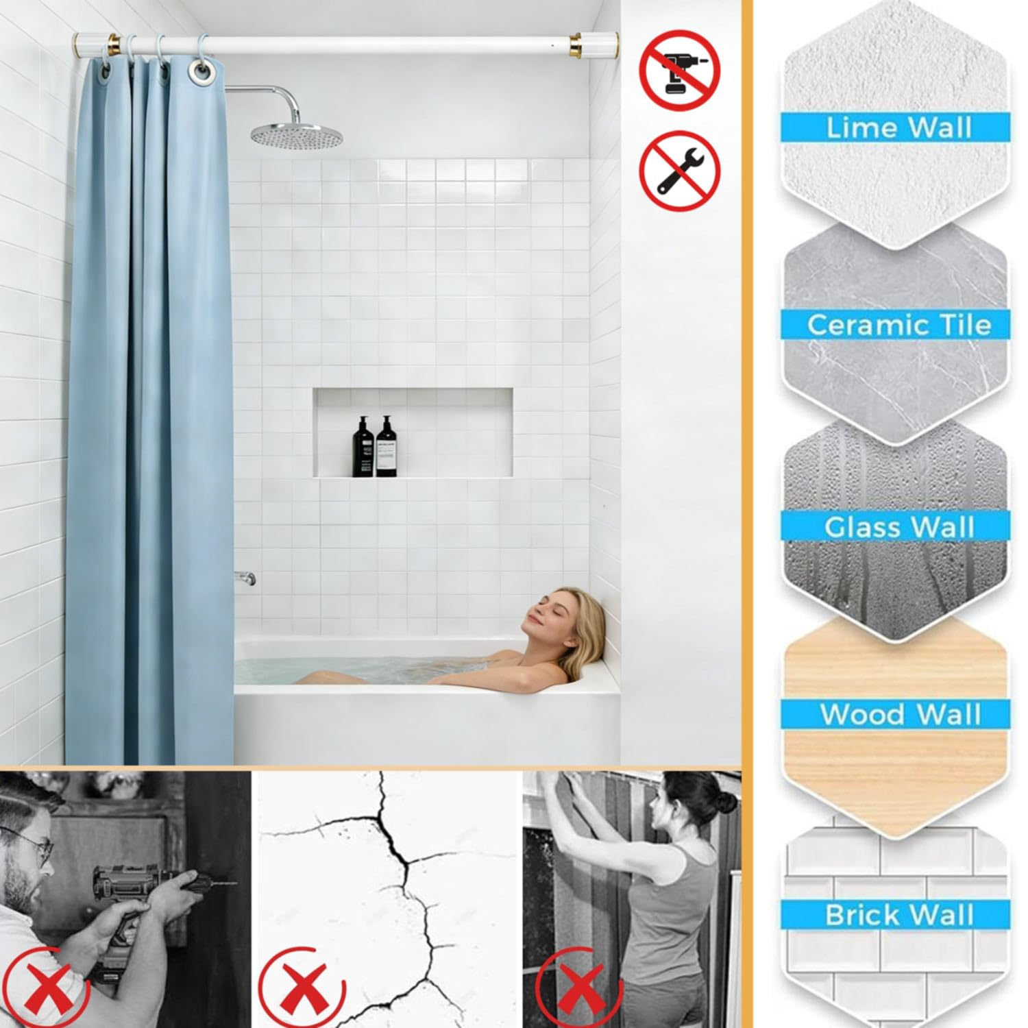 Verstellbare Spannstange, 60 cm, ohne Bohren, weiße Stange für Duschkanten, Schrank, einfache Installation und platzsparendes Design