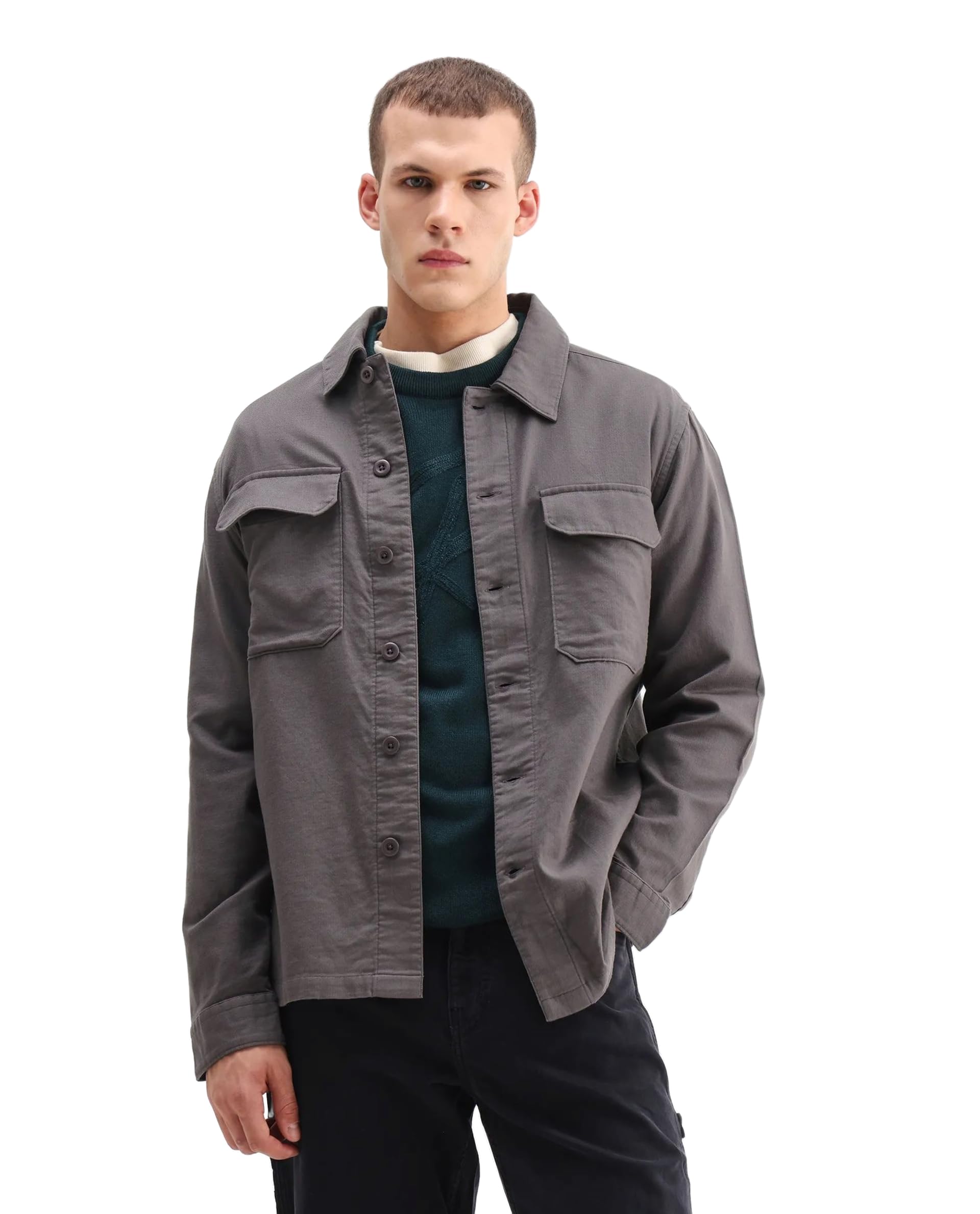 rare rabbit Men's Prest Regular Solid Cotton Spread Collar Long Sleeve Shacket-picture-20