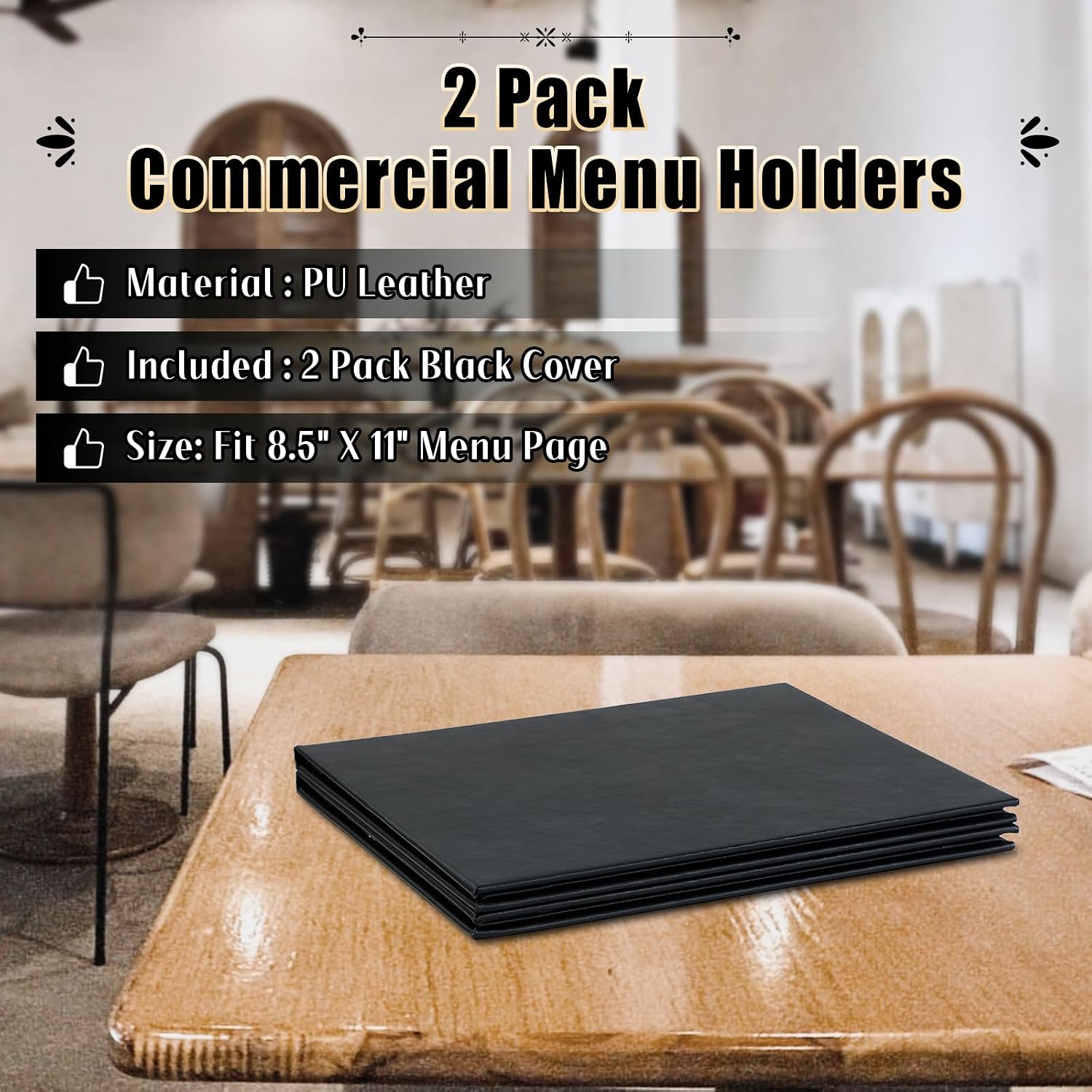 2 Pack Restaurant Menu Covers Holders 8.5 X 11 Inch, 2 Page 4 View | Leather Menu Holder Covers with Angled Corners, Black Leather Menu Covers for Wine List, Drinks