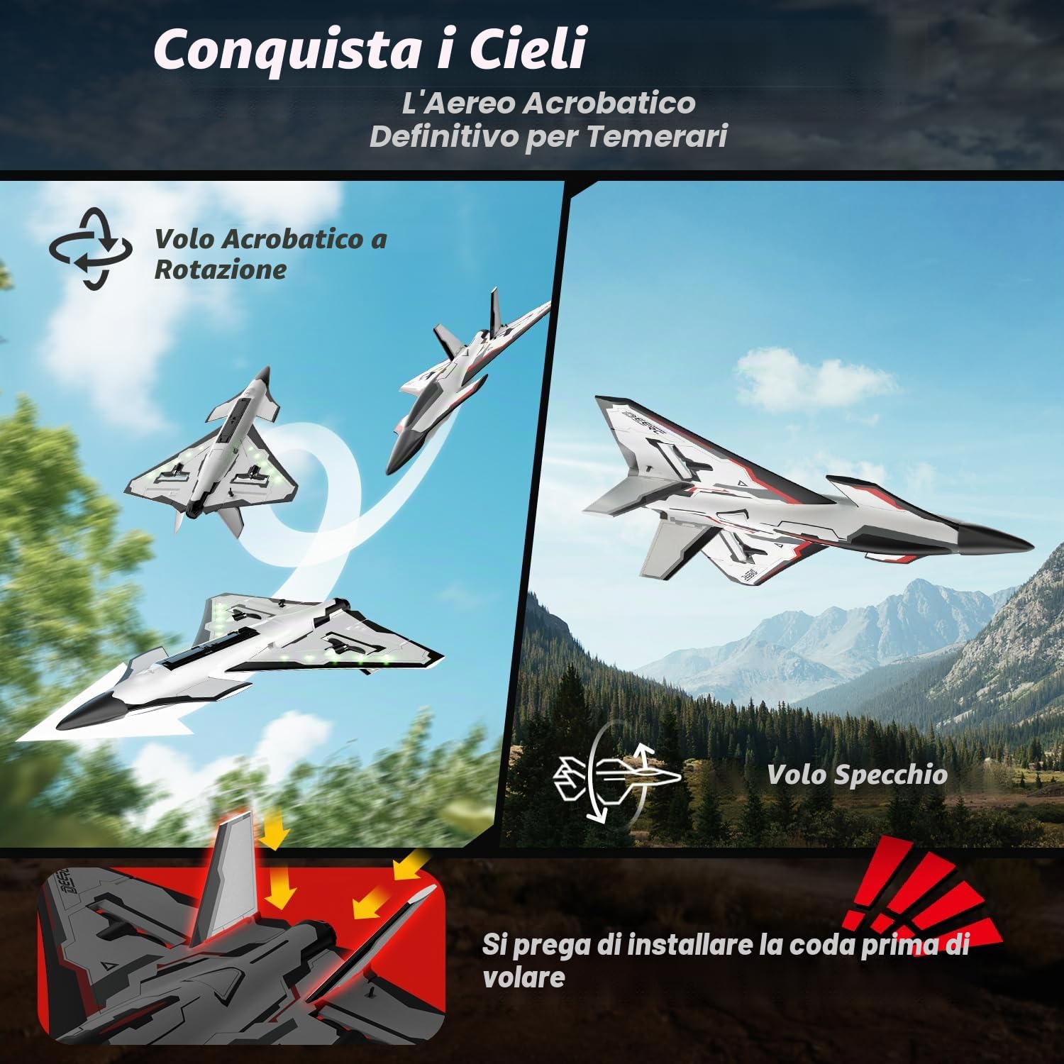 DEERC Aereo telecomandato Future RC Aereo a 4 canali con luci LED, facile da volare, aereo acrobatico, stabilizzatore giroscopico a 6 assi 2.4GHz, RTF, per adulti, bambini, principianti e ragazzi.