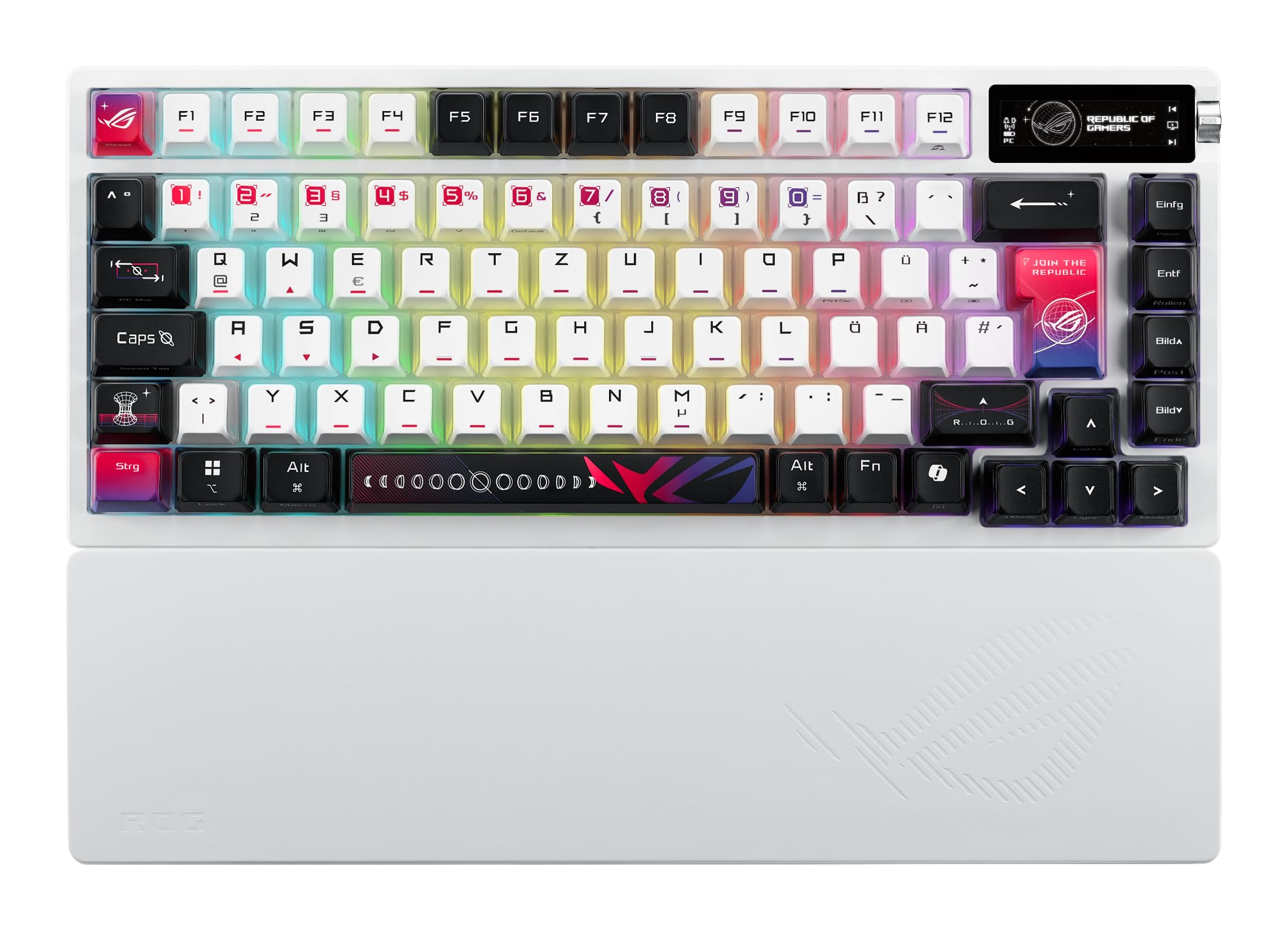 ASUS ROG Azoth X 75% Wireless Custom-Gaming Tastiera (layout QWERTZ, switch meccanici hot-swap ROG NX V2, Bluetooth, 2,4 GHz RF Wireless, USB, SpeedNova, display OLED, bianco)