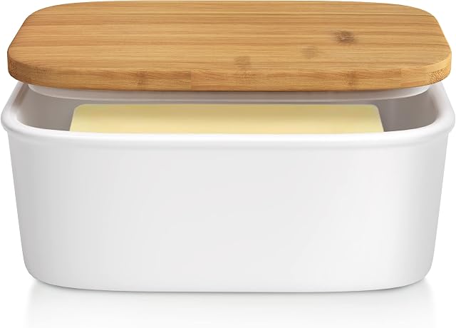 Tydi - Elegant Porcelain Butter Dish With Lid Ceramic - Removable Silicone Seal - White with Bamboo Lid - Butter Dishes with Lids for all your Cooking Needs - 16x10.5x7 cm