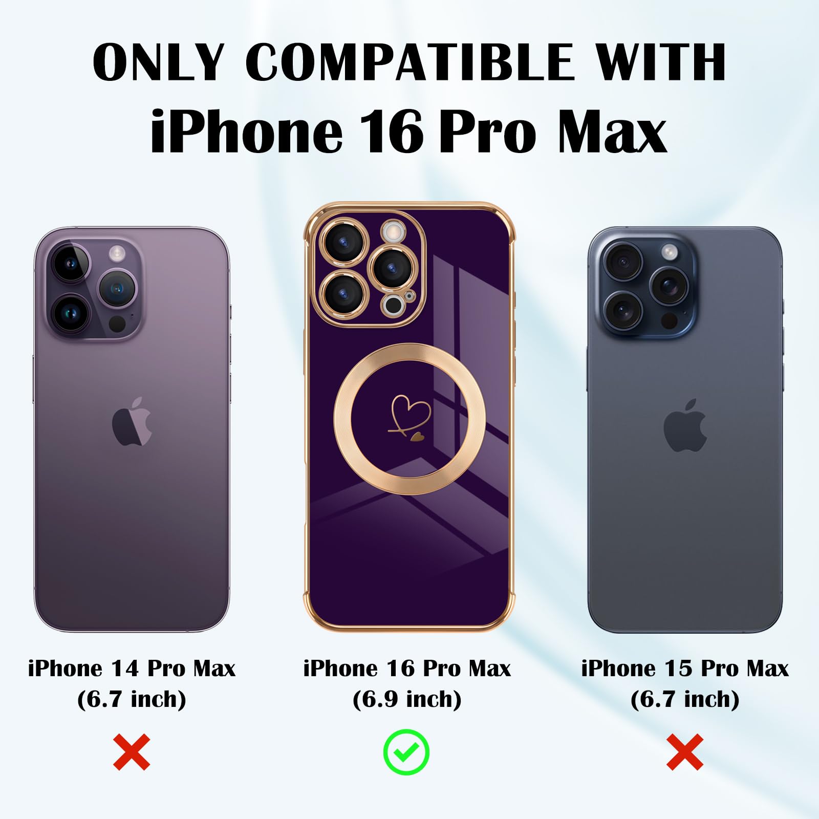 Newseego Custodia Magnetica per iPhone 16 Pro Max [Compatibile con Magsafe], Carino Cuore Ragazze Donne Morbido TPU Antiurto Fotocamera Copertura di Protezione per iPhone 16 Pro Max-Viola Scuro - Vista 6