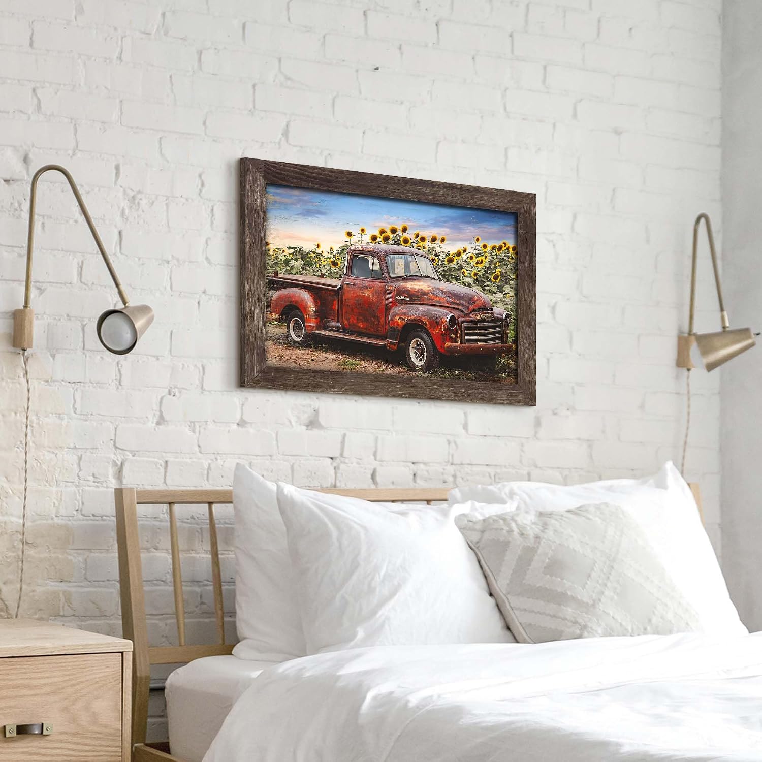 Sunflower Red Truck Wood Framed Wall Art, 24x16 Inch