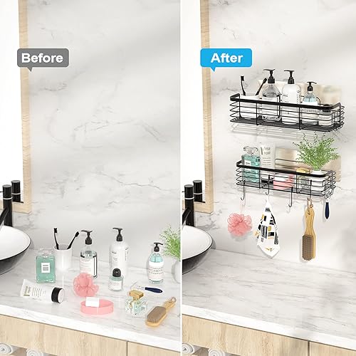 Miniatura 7 de Tindbea Estante de ducha adhesivo con 6 ganchos, organizador de ducha de baño sin taladrar, estante de almacenamiento de ducha de acero inoxidable