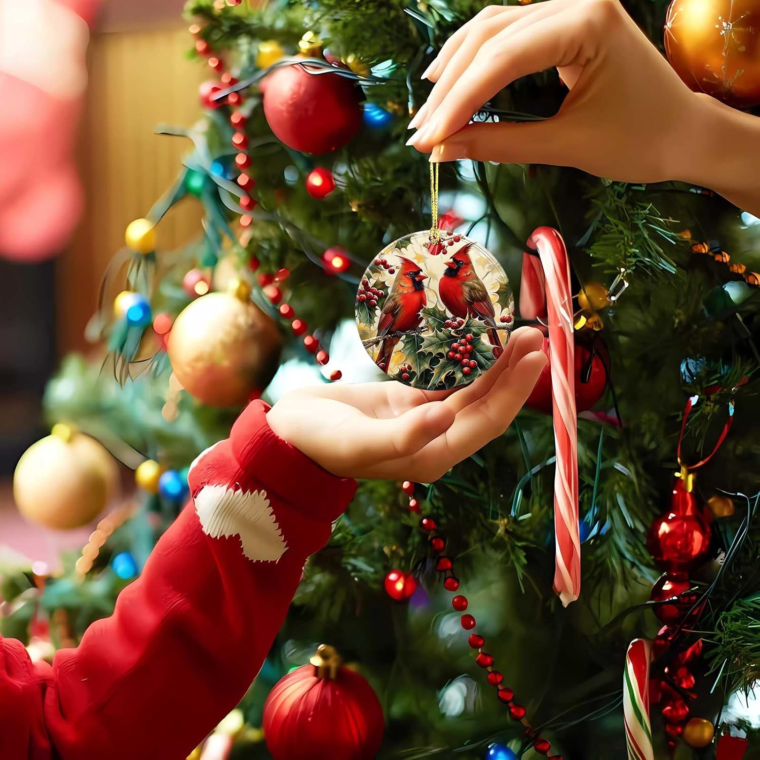 Cardinal Red Berry Ornaments Round Ceramic Hanging Ornament Christmas Keepsake Decor for Xmas Tree Winter Holiday Xmas Gift for Women Men 3" - Image 2