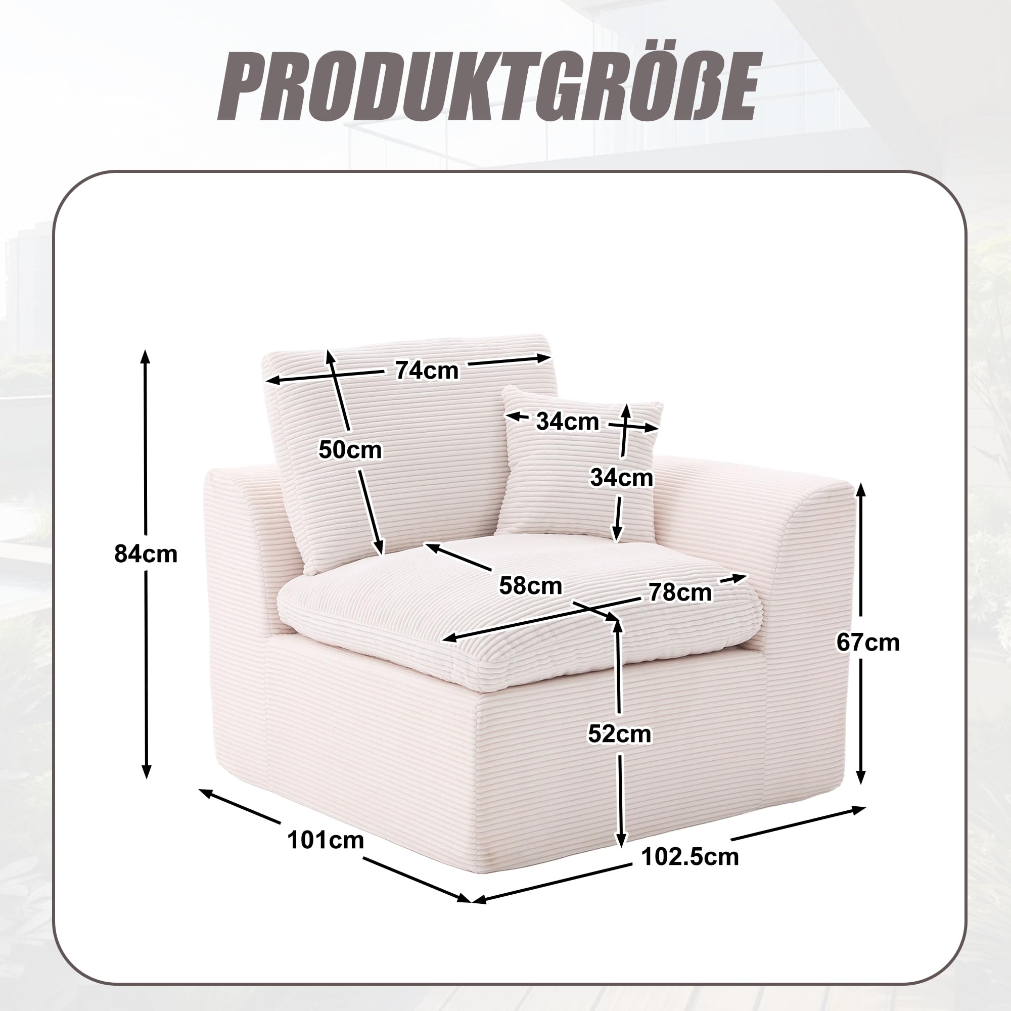 Einzelsitzer-Schlafsofa, Ecksofa mit Kissen Lieferbar, Modernes Cloud Couch im Nordischen, Boneless Couch, Compressed Sofa, Cordsofa, Ideal für Wohnzimmer/Home-Office, Beige