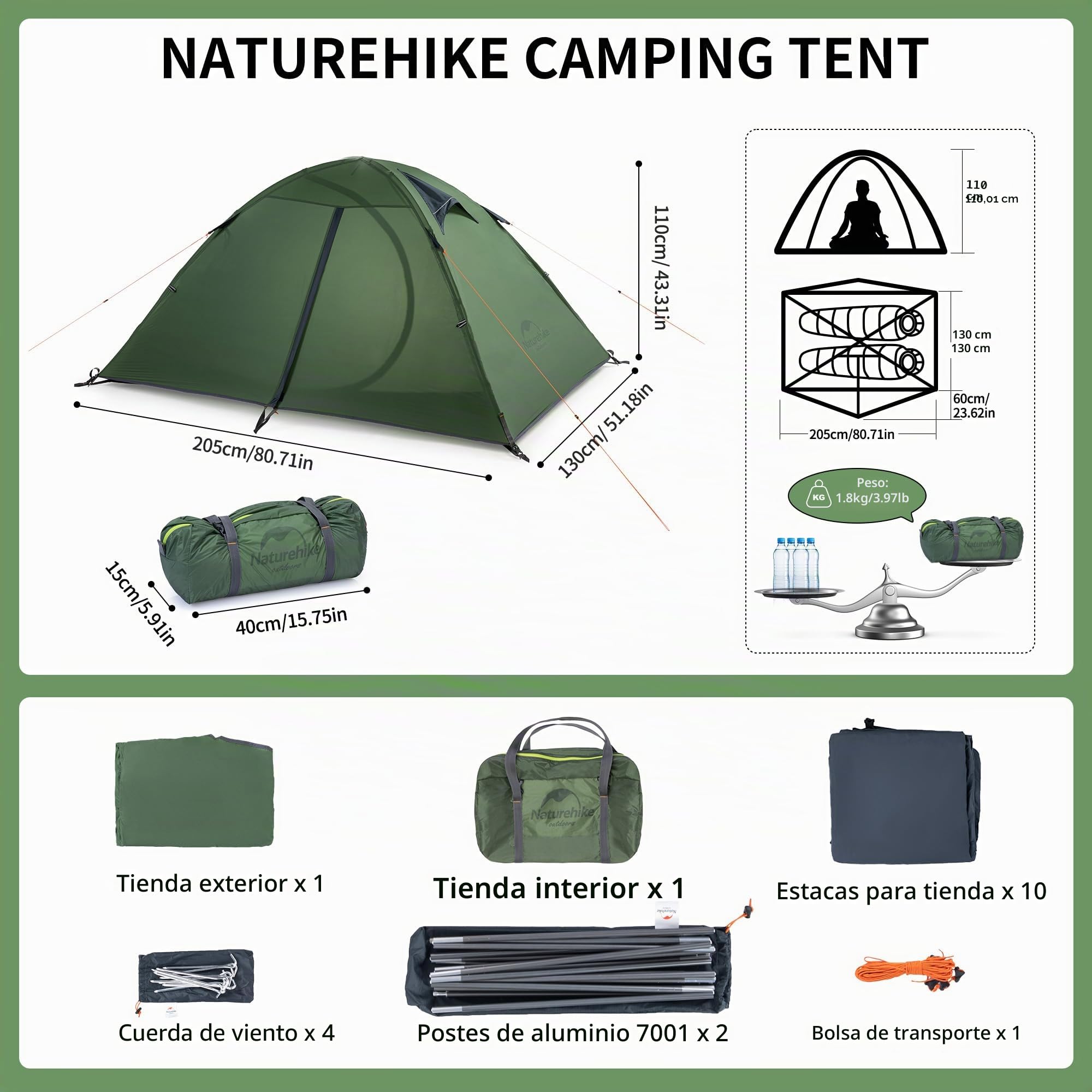Naturehike Ultraligera de Silicona Carpa para Acampar para 2 Personas Impermeable para Senderismo y Pesca 3-4 Estaciones (Verde)