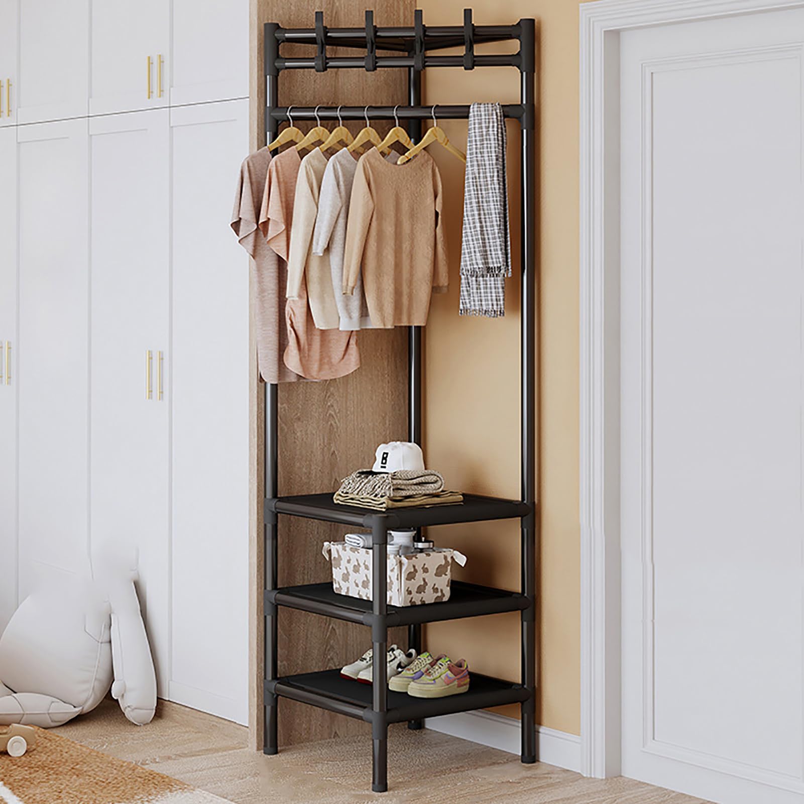 Porte-manteau d'angle 3 niveaux en métal noir avec étagère à chaussures pour entrée et chambre