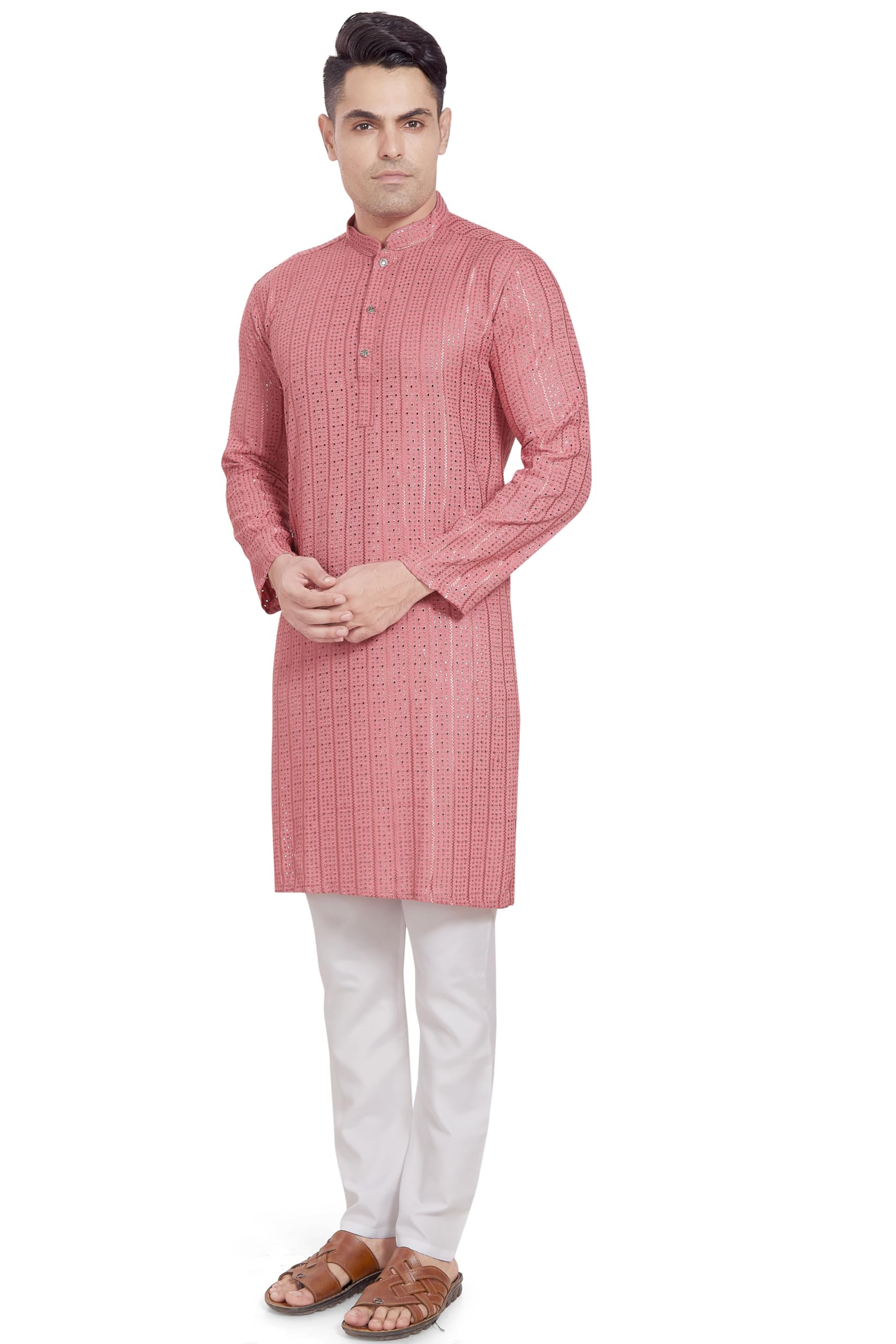 Divisive Men's Embroidered Cotton Blend Only Slim Fit Kurta (Dkrt382_S_Pink)