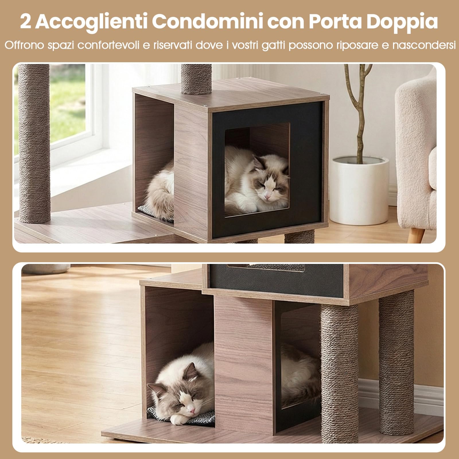 COSTWAY Tiragraffi per Gatti in Legno 94 cm con Sisal e Condo | Albero per Gatti da Interno con Posatoio, Gioco Appeso, Cuscini Rimovibili e Tappetino per Gatti Adulti e Cuccioli