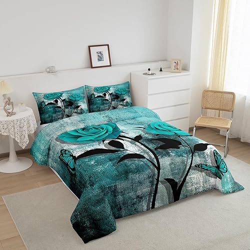 Miniatura 2 de Juego de edredón azul verde azulado, tamaño King, color turquesa degradado rosa para niños, niñas y adultos, relleno de edredón de acuarela grunge,