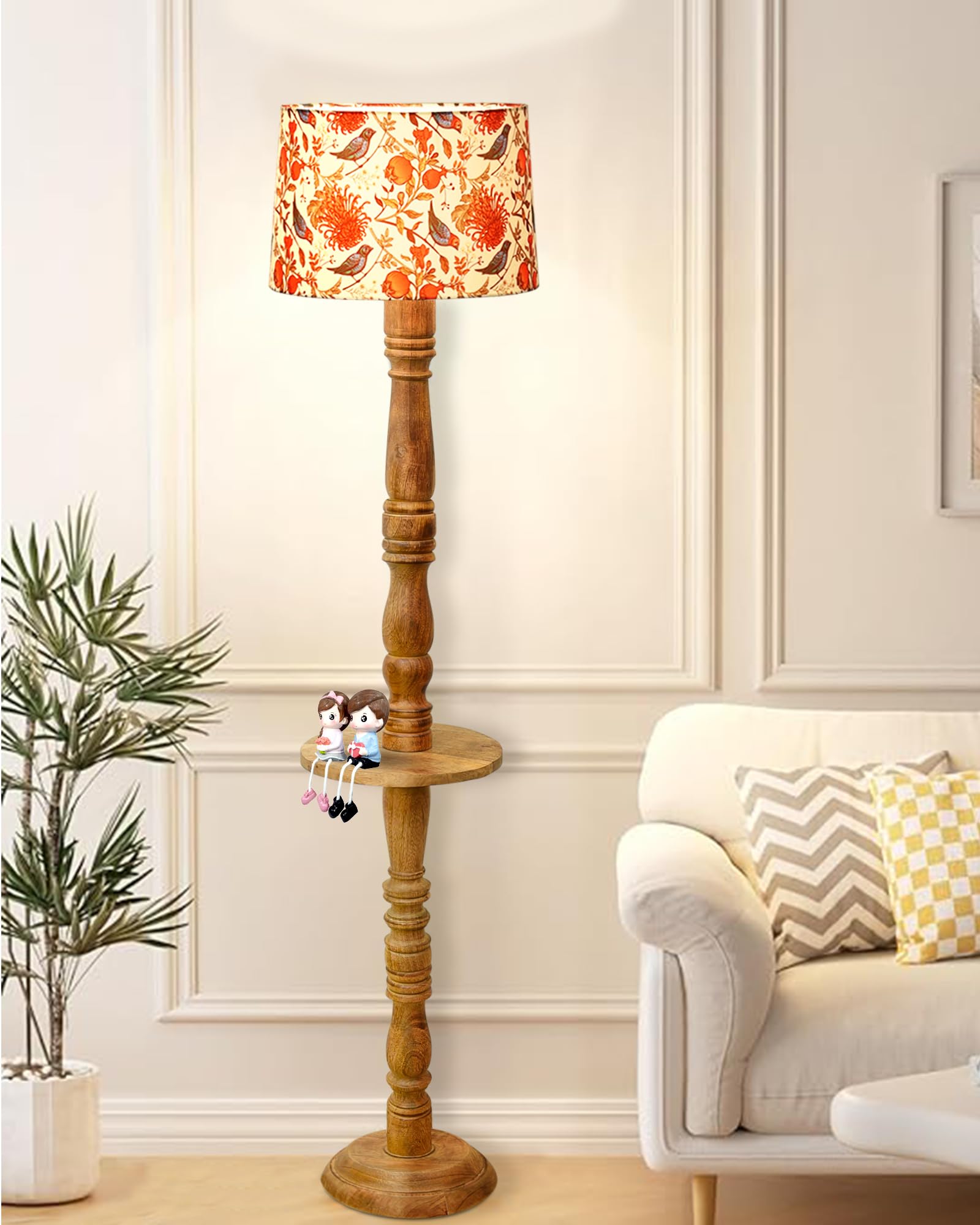 Homesake®Rustic Wood Floor Lamp for Living Room Walnut Brown with Multicolor Lamp Shade | Light Decor for Home Corner Lamp for Living Room & Bedroom | Antique Standing Lamp, Tray End Table, Bird