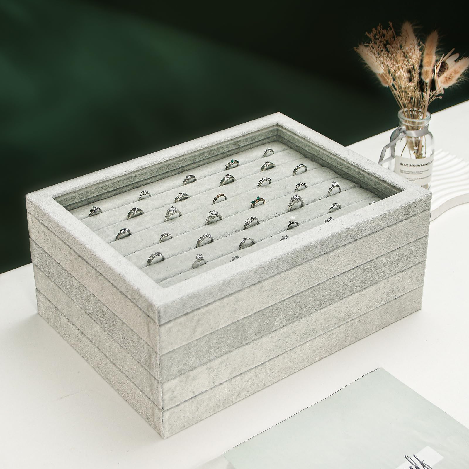 8 Plateaux De Rangement Pour Bijoux Empilables - Tissu Non Tissé Beige, Cadre Bois - Pour Colliers, Bagues, Boucles D'oreilles
