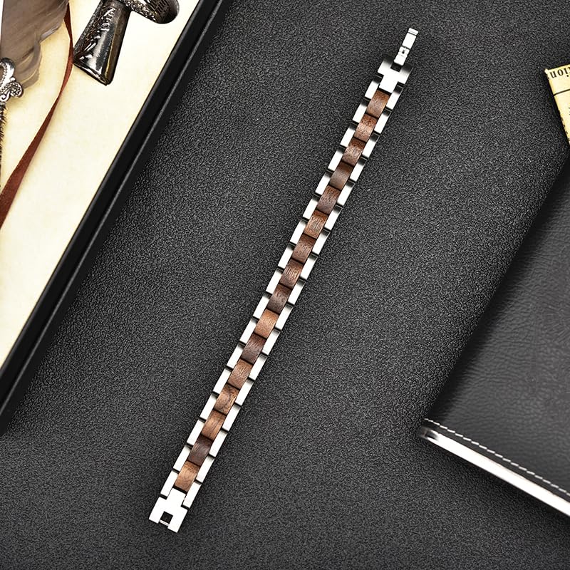 Herren Edelstahl Armband mit Edlen Holz Elementen Inklusive Geschenkbox und Werkzeug für die Größenanpassung 20 cm Länge, Massive und Stabile Ausführung