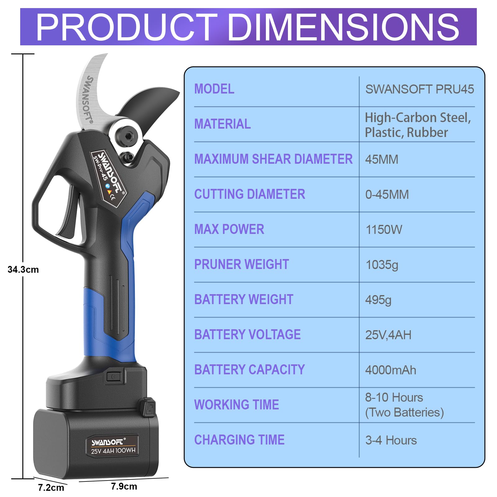 SWANSOFT PRU45 Electric Pruning Shears, Professional 45 mm 25V
