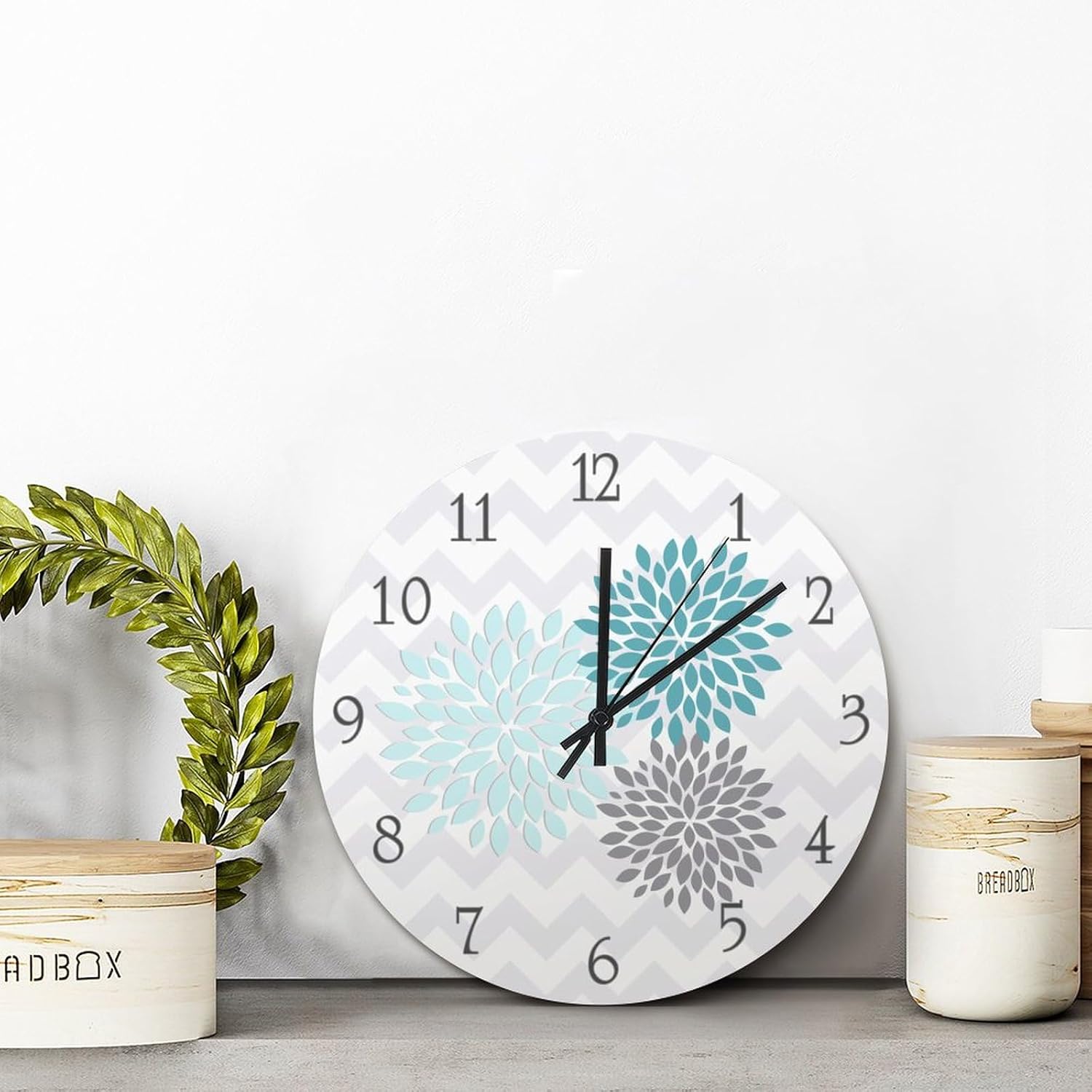 ArogGeld Teal Aqua Grey Wall Clock Dahlia Flower Large Wooden Wall Clocks Battery Operated 15 Inch Quiet Non-Ticking Farmhouse Hanging Clock Modern Wall Decor for Living Room Kitchen Bedroom Office