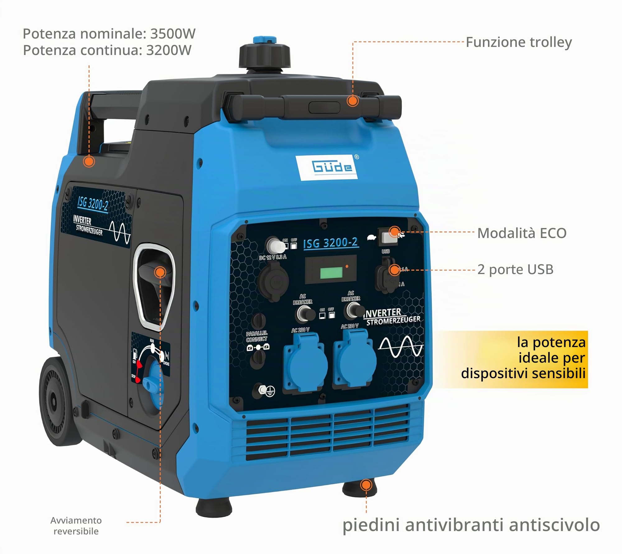 Güde Generatore di corrente Inverter ISG 3200-2 (motore a 4 tempi, benzina, 4,5/6,1 (kW/PS), 2 x 230 V, 1 x 12 V, 2 x USB, max. 3500 W, autonomia fino a 7,5 h, serbatoio 7,8 l, funzione ECO, pulsante