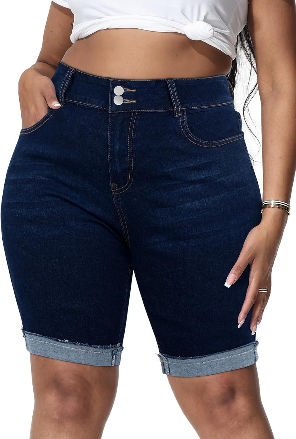 Womens Plus Size Jean Shorts Stretchy High Waisted Ripped Roll Hem Denim Bermuda Shorts 10″ Inseam Womens Plus Size Jean Shorts Stretchy High Waisted Ripped Roll Hem Denim Bermuda Shorts 10″ Inseam