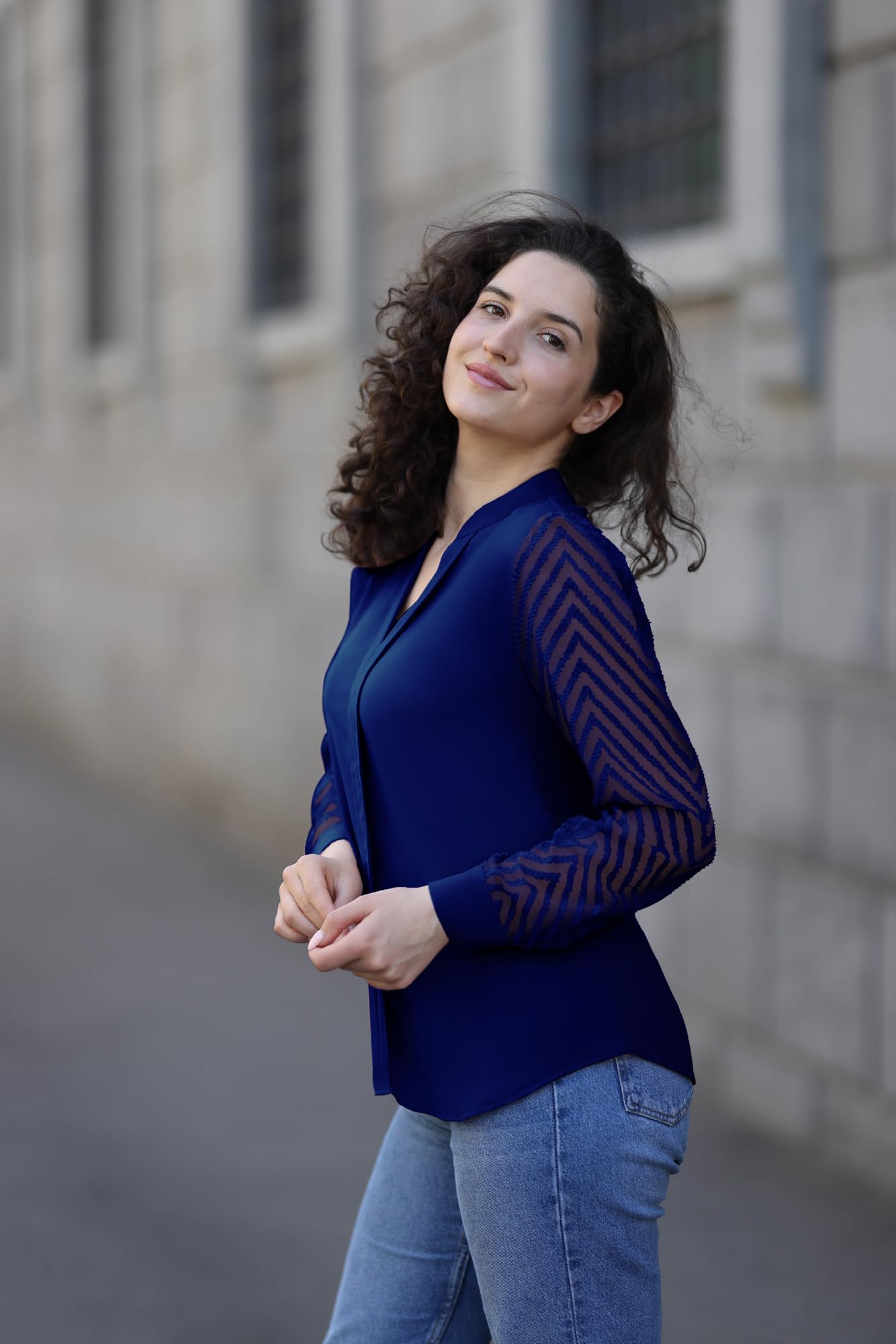 GRACE KARIN Blusa elegante para mujer, con textura, mangas semitransparentes, camisa clásica Henry con cuello en V