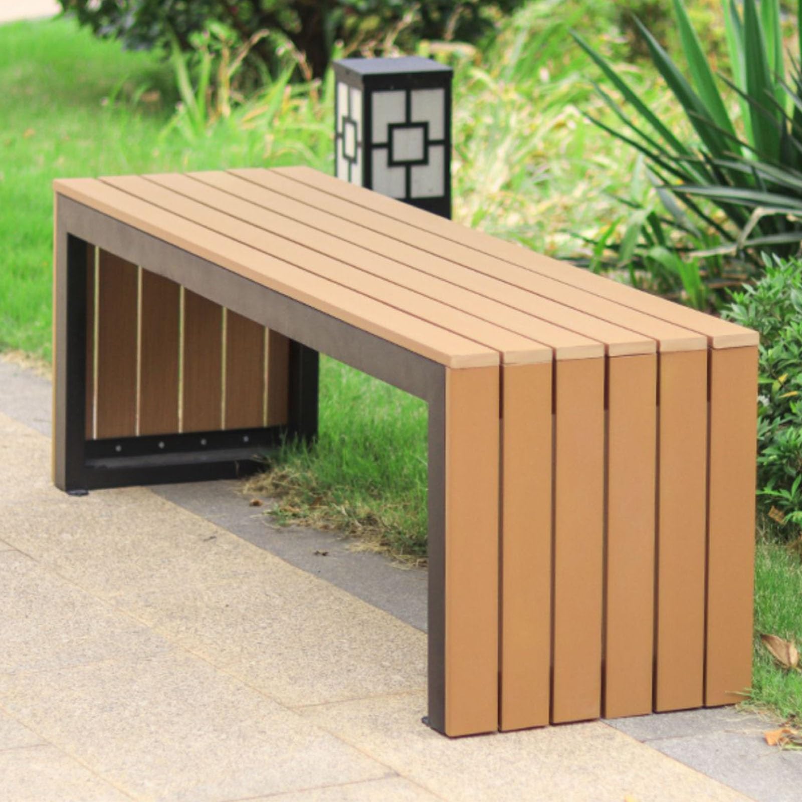 Banco de jardín sin respaldo para todo tipo de clima, 47 pulgadas, asiento de parque de madera plastificada, resistente a la intemperie, diseño de listones para uso en interiores y exteriores
