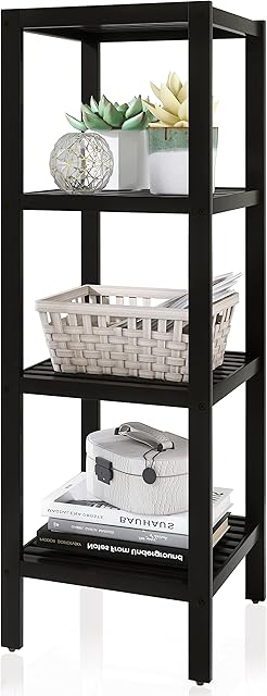 SMIBUY Bathroom Storage Shelf, 4-Tier Bamboo Rack Organizer, Multifunctional Shelving Unit for Living Room Bedroom Kitchen (Black)