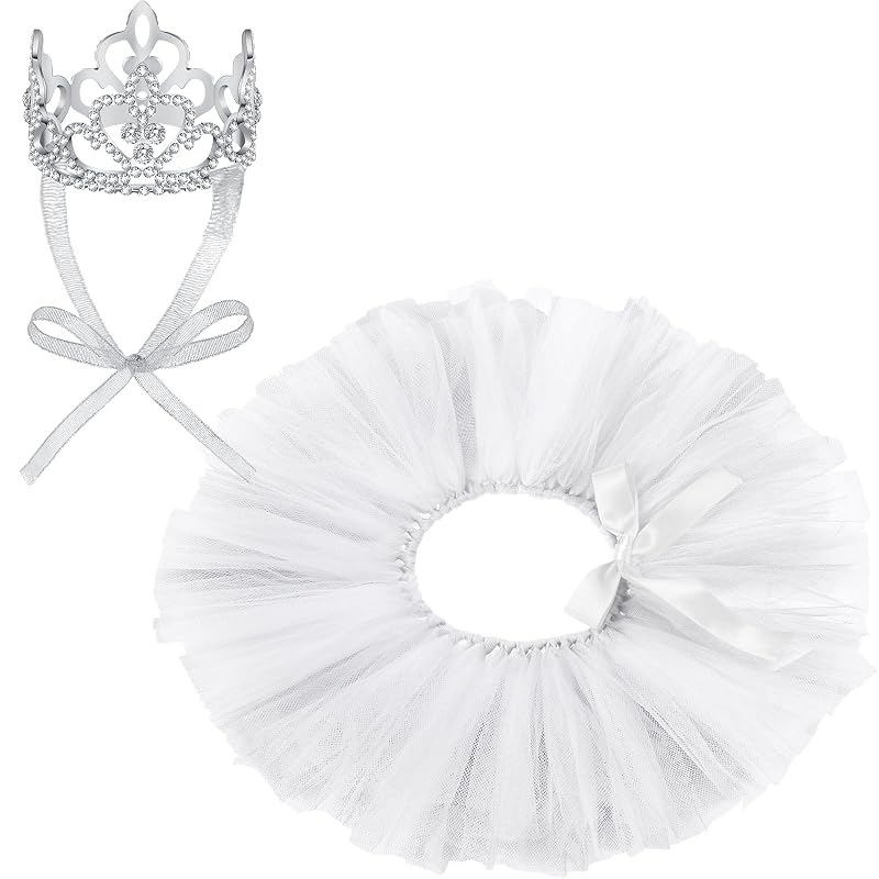 Vestido tutu para cães com tiara de strass Hillban, Branco, tamanho Pequeno, pacote com 2 itens