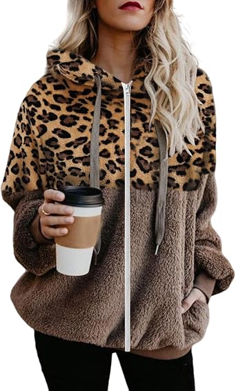 Fleece hoodie for Women Trendy Zip Up Leopard Patchwork Patchwork Jacket Oversized Long Sleeve Sherpa Coat