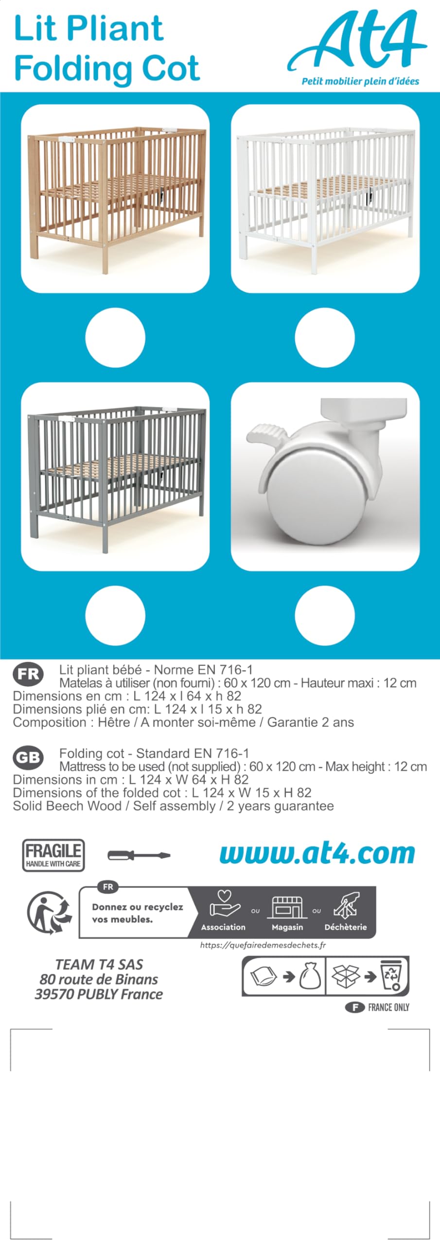 AT4 - Lit bébé Pliant 60x120 Essentiel Hêtre Verni | 124 x 64 x 82 cm | Lit Pliable | Sommier réglable 2 Niveaux intégré au lit (Beige, Lit bébé)