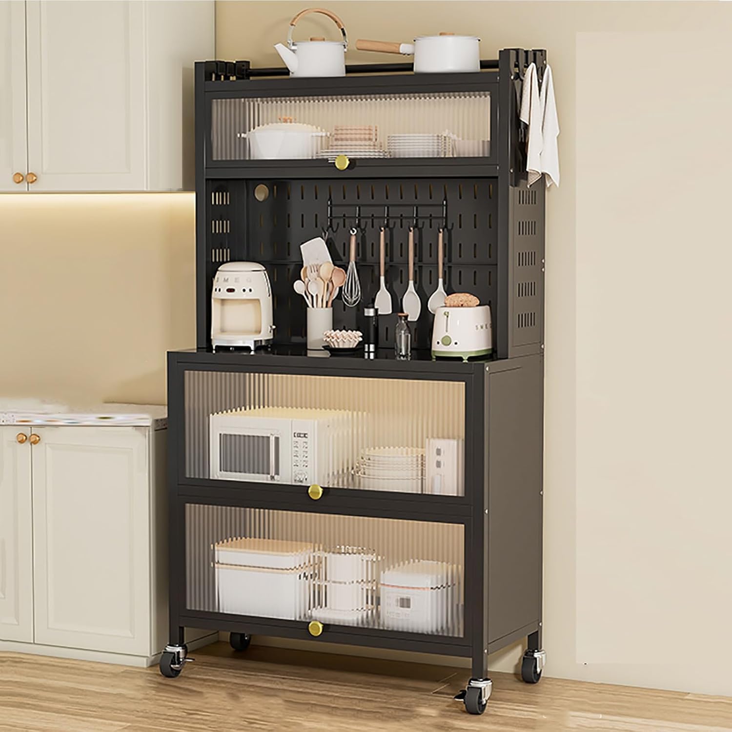 Sturdy 5-Tier Kitchen Bakers Rack with Wheels, Microwave Stand & Storage for Small Appliances, Mobile Kitchen Organizer, Black, 70cm/26 - Perfect for Space-Saving!